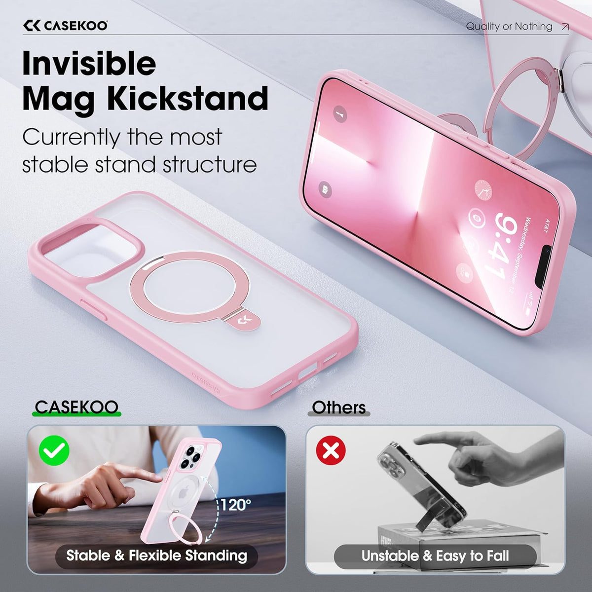 CASEKOO Designed for iPhone 16 Pro Case with Magnetic Invisible Stand [Military Drop Protection] [Compatible with MagSafe] Shockproof Translucent Matte Slim Phone Cover 6.1", Pink