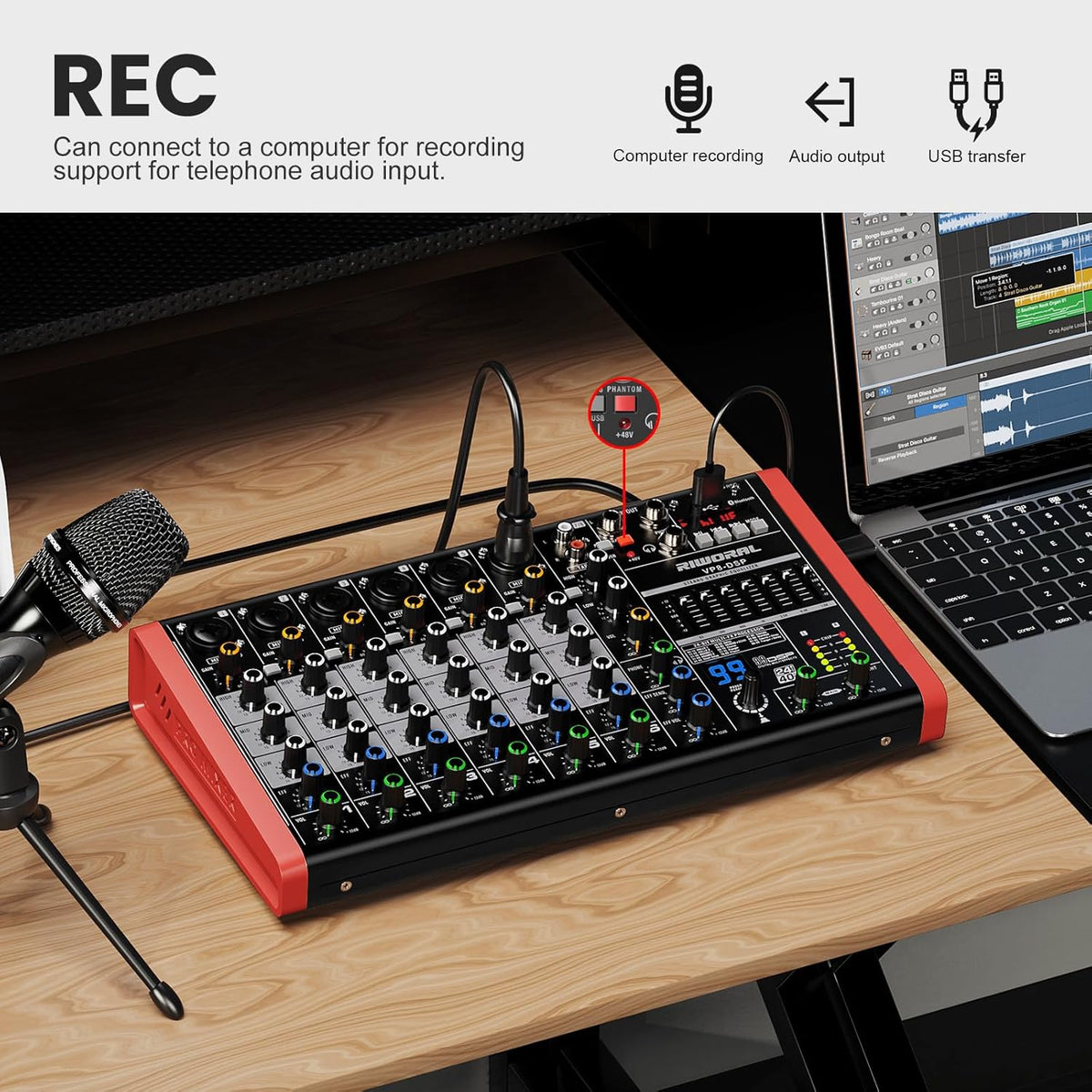 8 Channel Audio Interface Sound Board Mixing Console XLR 1/4 inch Jack USB Bluetooth Echo Delay Effect, Input 48V Phantom Power Stereo DJ Mixers for Podcasting