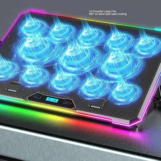 PUSOKEI Gaming Laptop Cooling Stand 10 Fans 5 Speeds RGB Light Strip 10 Modes with 2 USB Ports for 12-19 Inch Laptops Tablets Smartphones (14 Fans)
