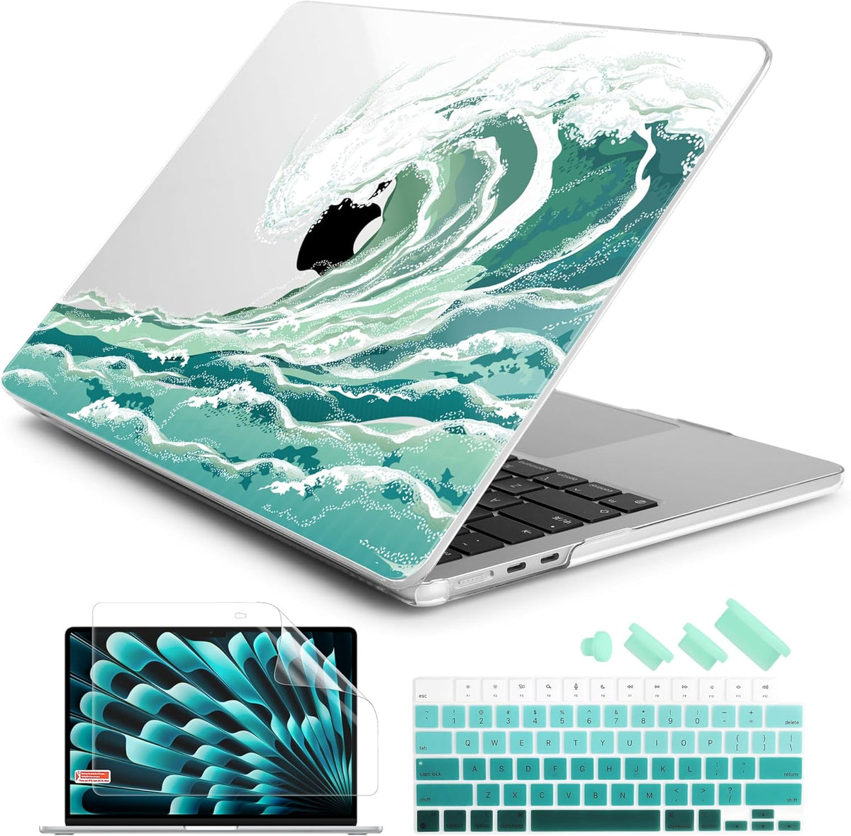 Batianda Premium Case for New MacBook Air 15 inch 2025 M4 2024 2023 with M3 M2 Chip Model A3241/A3114/A2941, Designed Protective Plastic Hardshell & Keyboard Cover & Screen Protector, Waves