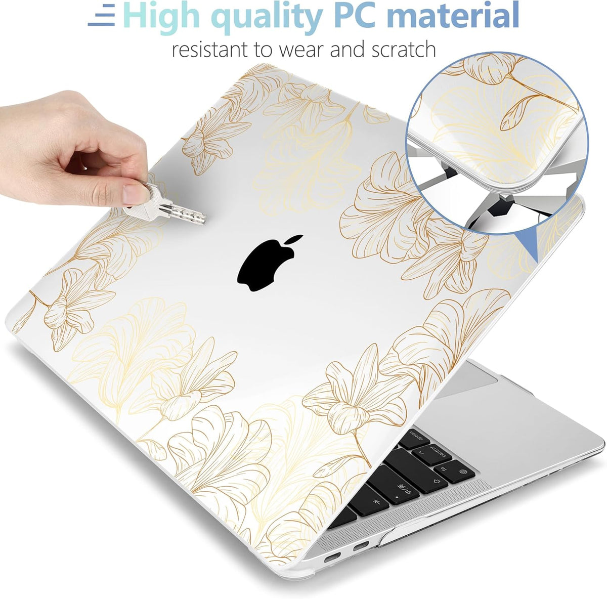 MEEgoodo for MacBook Air 13 inch Case 2021 2020 2019 2018 Released A2337 M1 A2179 A1932 with Touch ID, Plastic Hard Shell & Keyboard Cover Compatible with MacBook Air Case 13.3, Drawn Golden Floral