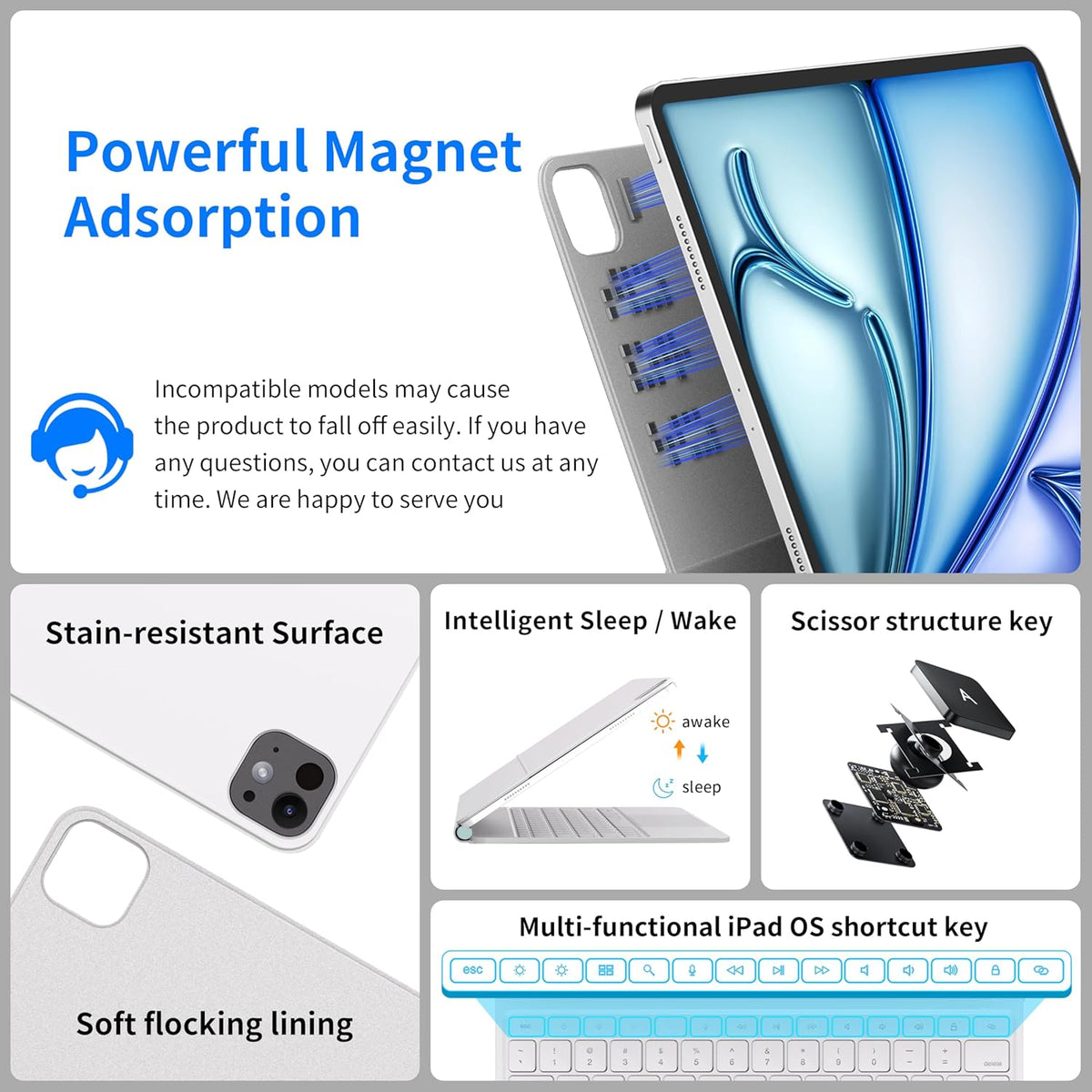 iPad Air 13 Inch Case Keyboard (M3 2025 / M2 2024) & iPad Pro 12.9 inch (6th,5th,4th,3rd Gen) Magic Keyboard with 7 Color Backlight, Multi-Touch Trackpad, Magnetic Stand,Auto Sleep/Wake (White)