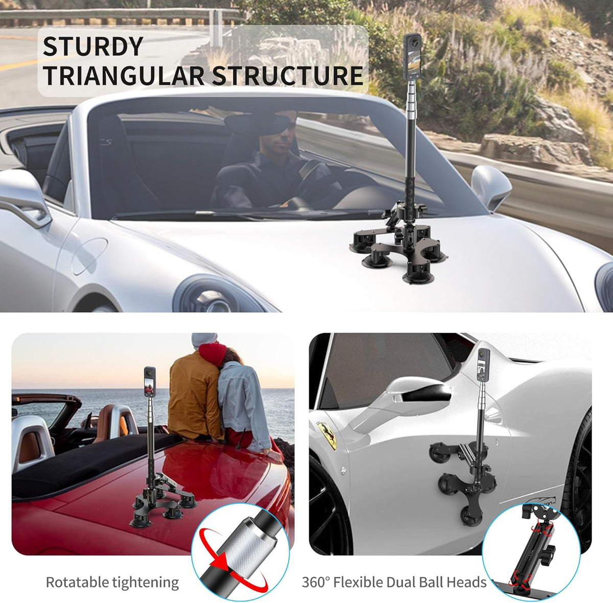 Suction Car Mount for Insta360 x5/X4/X3/X2/GO 3/ONE/GoPro Max-59 Lockable Anti-Fall Selfie Stick with 5 Suction Cups, 3-Person Car Camera Mount for 360° Action Vlog Cameras, DSLR (Indoor & Outdoor)