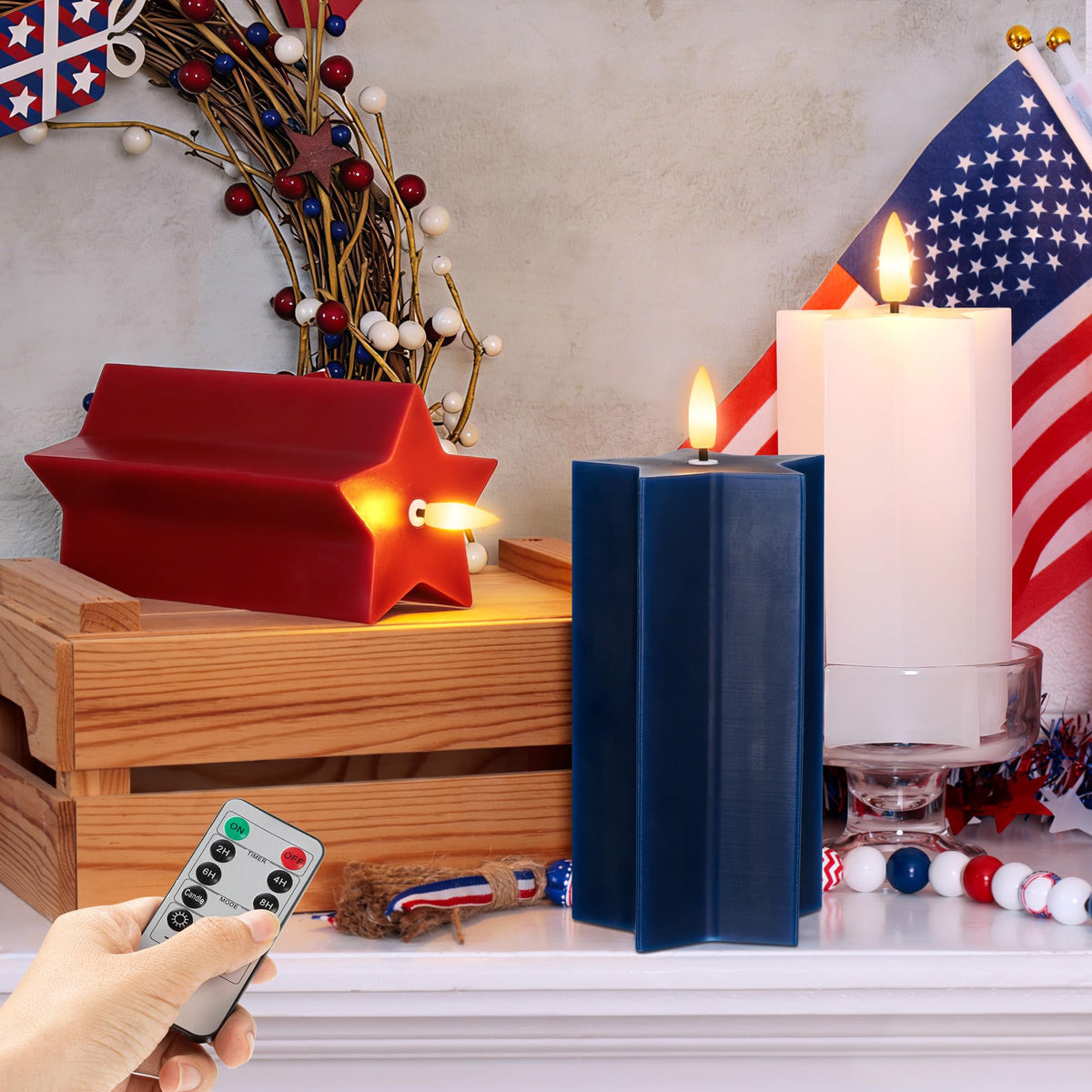 4Th Of July Flameless Pillar Candles With Remote, Patriotic Red White And Blue Battery Operated Star Shaped Led Pillar Candle Se