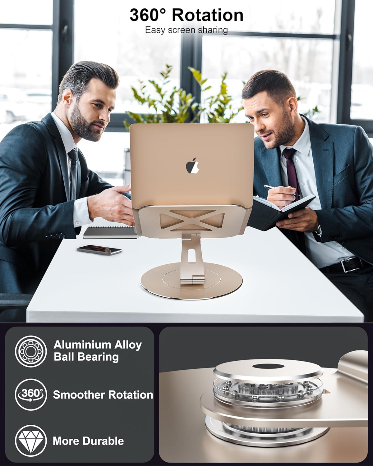 Ultra-Stable Swivel Laptop Stand for Desk，300% Larger Base Stability Military-Grade Aluminum Anti-Loosening Structure - Height Adjustable Laptop Stand Suitable for 10-17.3 inch，Golden