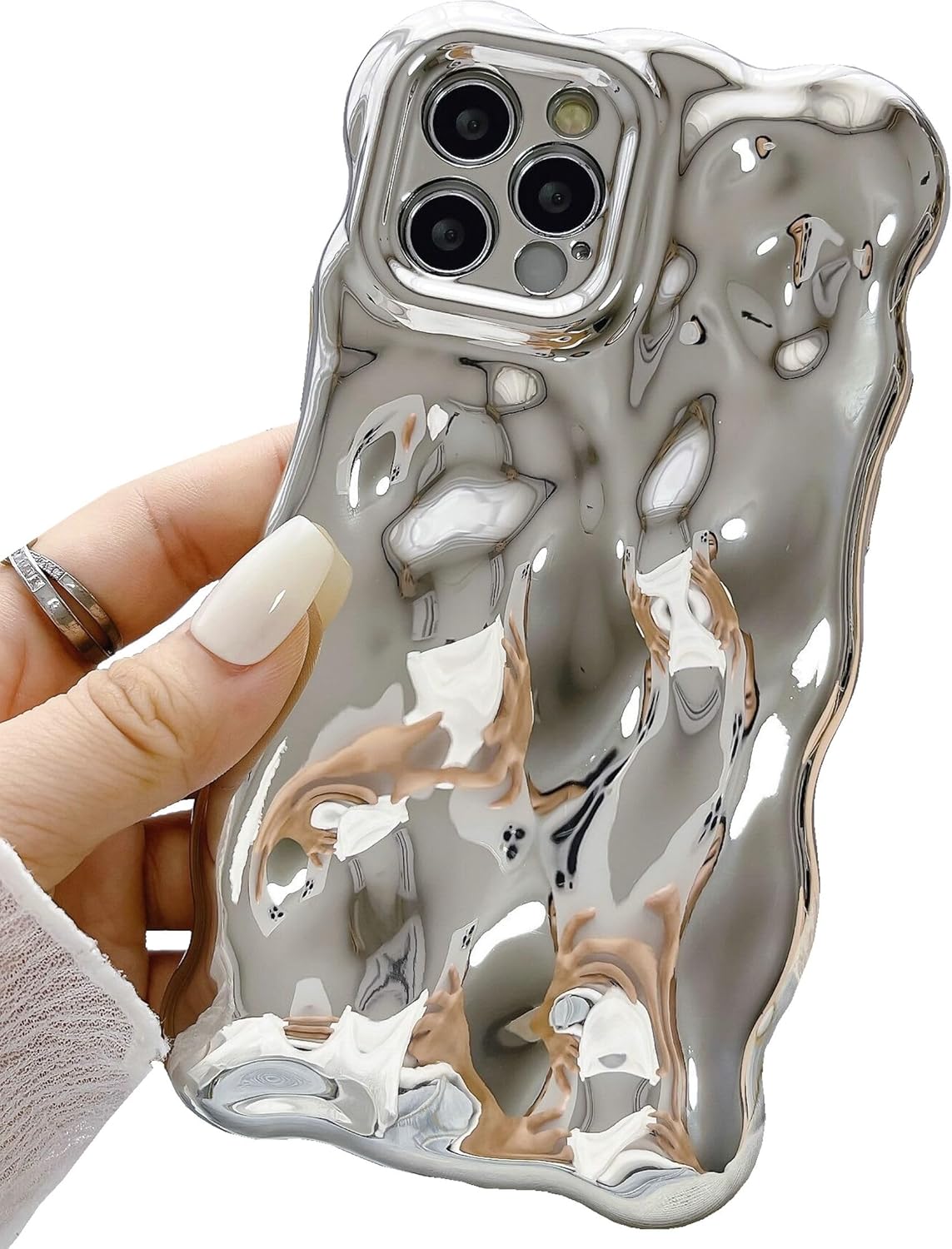 Case for iPhone 14 Pro Max, 3D Wave Bubble Shape Ripple Chrome Pattern Soft Bumper Glitter Shiny Cover (Silver)