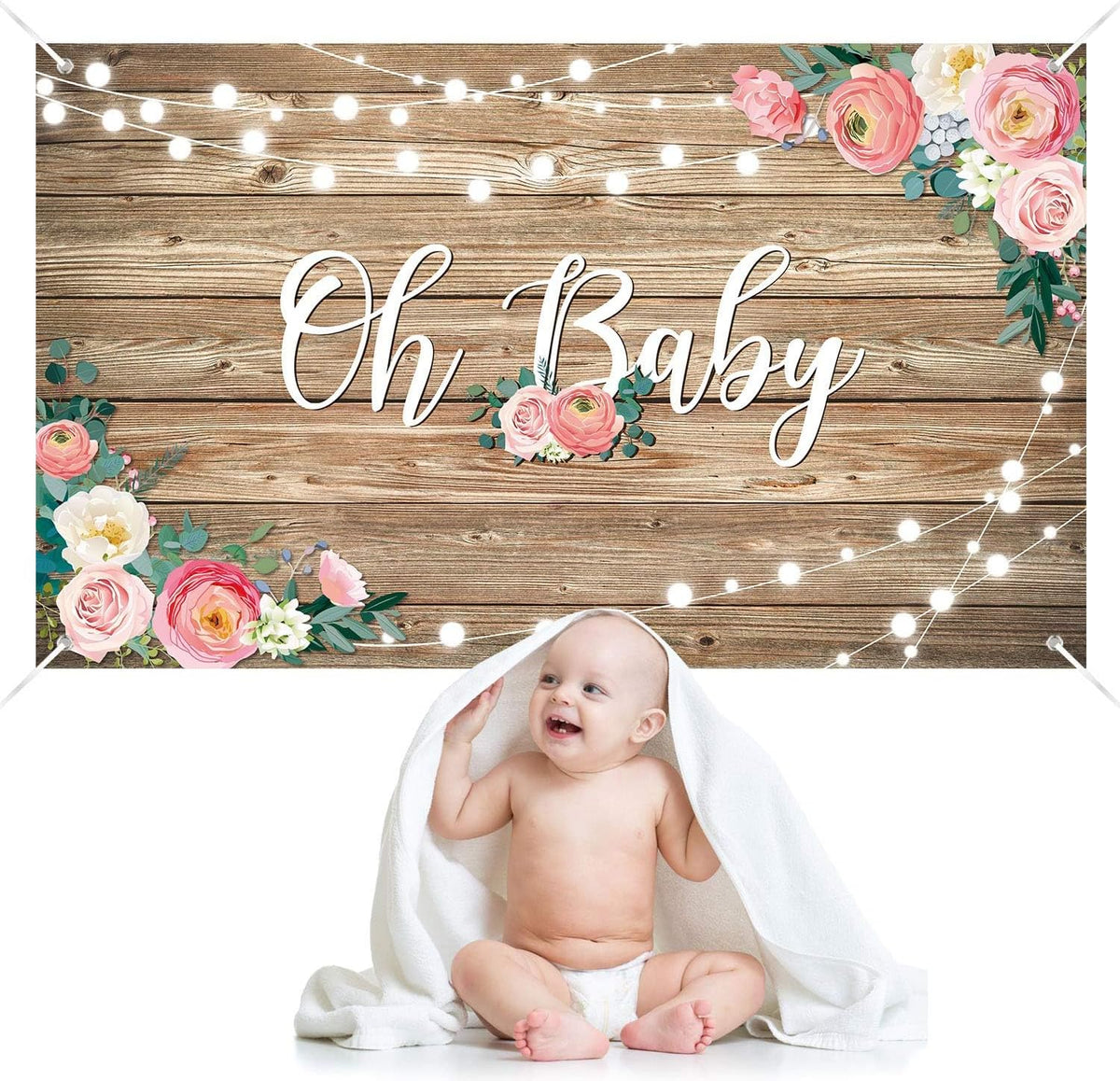 Rustic Wood Baby Shower Backdrop Banner Oh Baby Floral Decorations for Girls and Boys Birthday Party Supplies