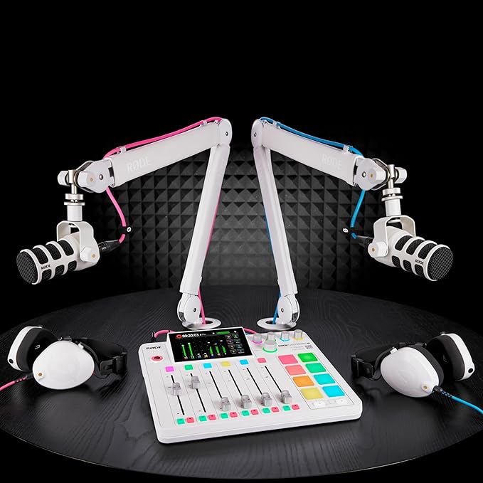 Rode PodMic White (Pair) Cardioid Dynamic Broadcast Microphones with 2X Low Profile Mic Boom Arms and 2X XLR Cables
