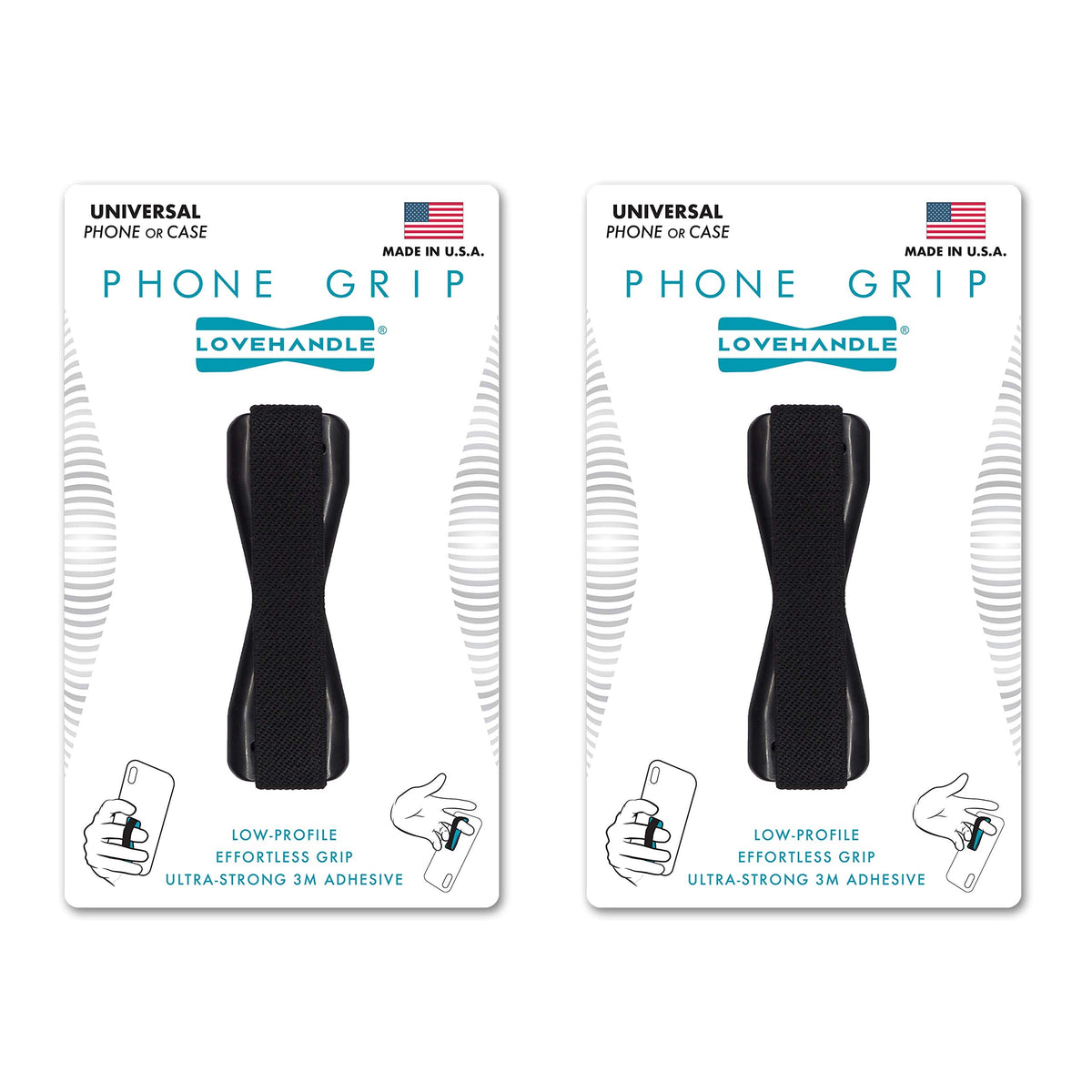 LOVEHANDLE Universal Grip for Most Smartphones, Mini Tablets and Cases, Black Elastic Strap with Black Base, Pack of 2, LH-01-2PackBlack