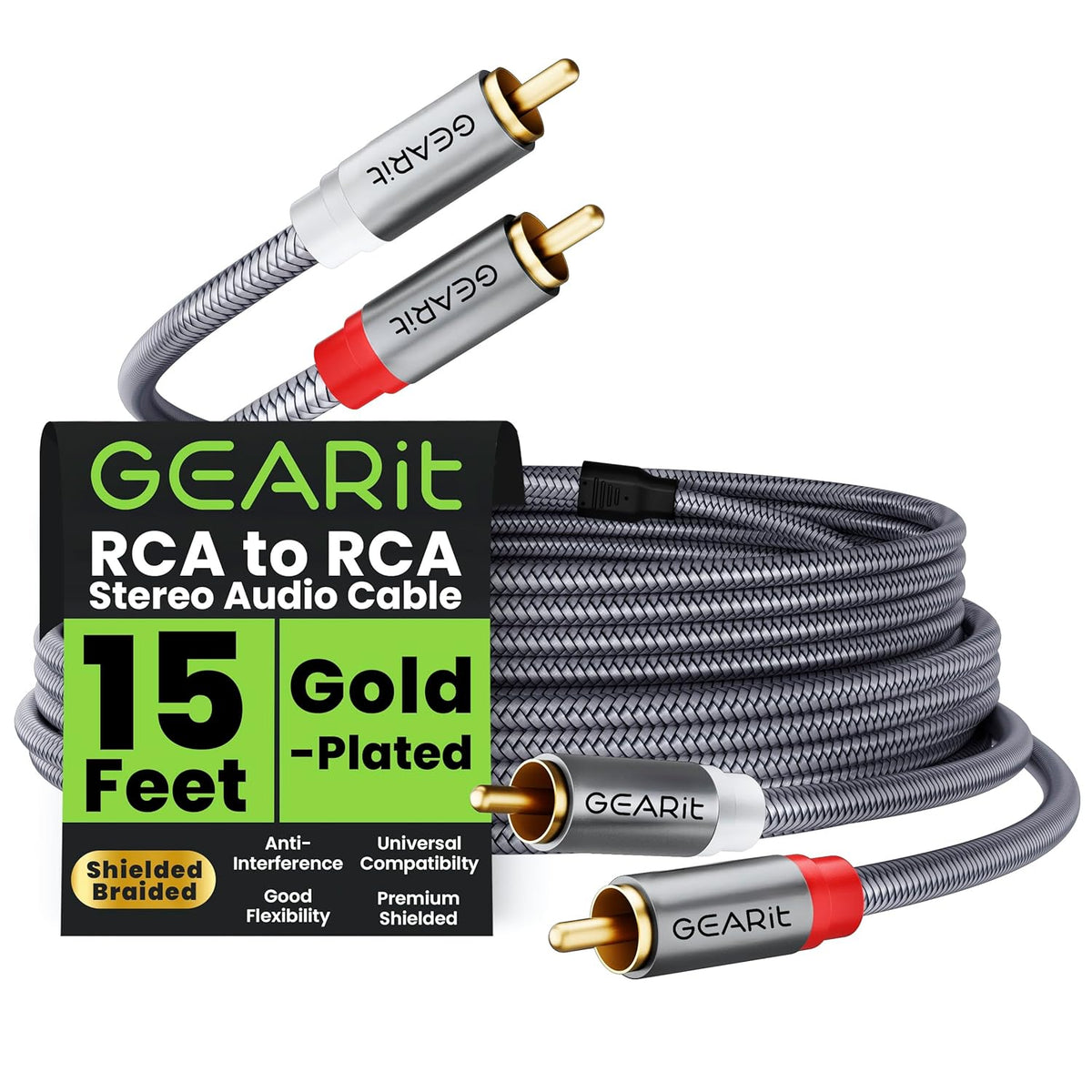 GEARit RCA Cable (15FT) 2RCA Male to 2RCA Male Stereo Audio Cables Shielded Braided RCA Stereo Cable for Home Theater, HDTV, Amplifiers, Hi-Fi Systems, Car Audio, Speakers, 15 Feet
