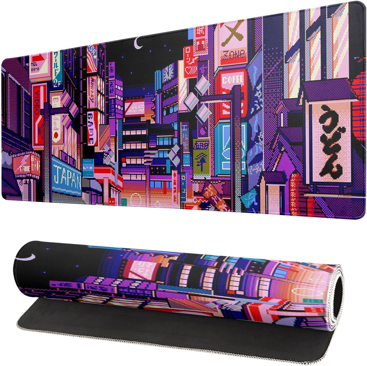 Dark Purple Japanese Gaming Mouse Pad Abstract Anime Mat 31.5x11.8 Inch Tokyo Pixel Street Texture Non-Slip Rubber Base Kawaii Mousepad Stitched Edges Keyboard Desk Pad for Office and Home Game