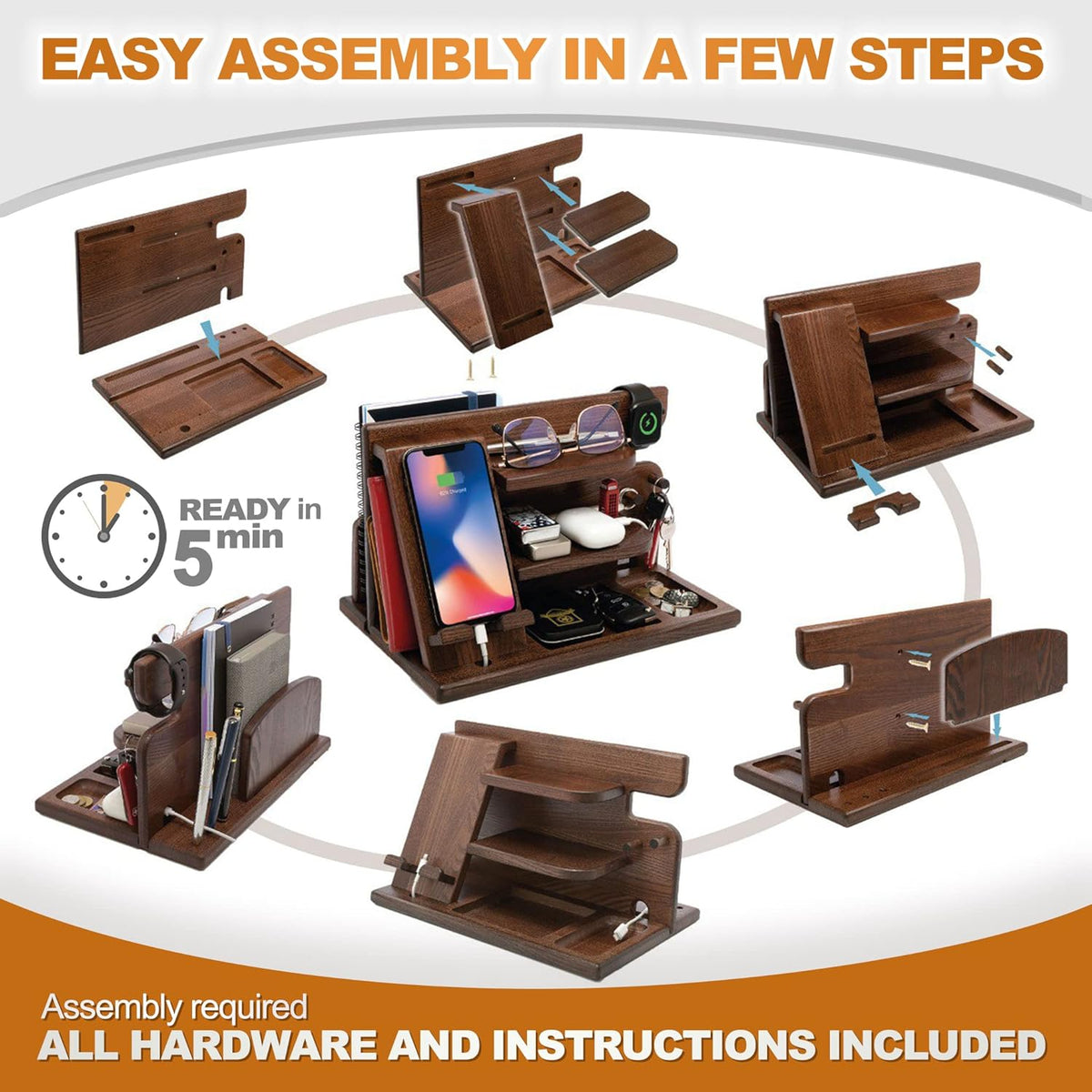 Wood Phone Docking Station, Ash Key Holder Wallet Stand Watch Organizer for Men, Anniversary Gift Idea, Brown