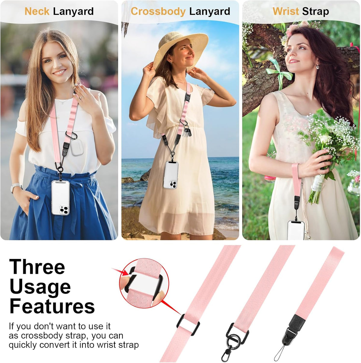 Adjustable Crossbody Phone Lanyard, Universal Phone Wrist Strap and Phone Neck Strap with Tether Tab, Phone Lanyard with Quick Release, Suitable for iPhone and Most Smartphones, Light Pink