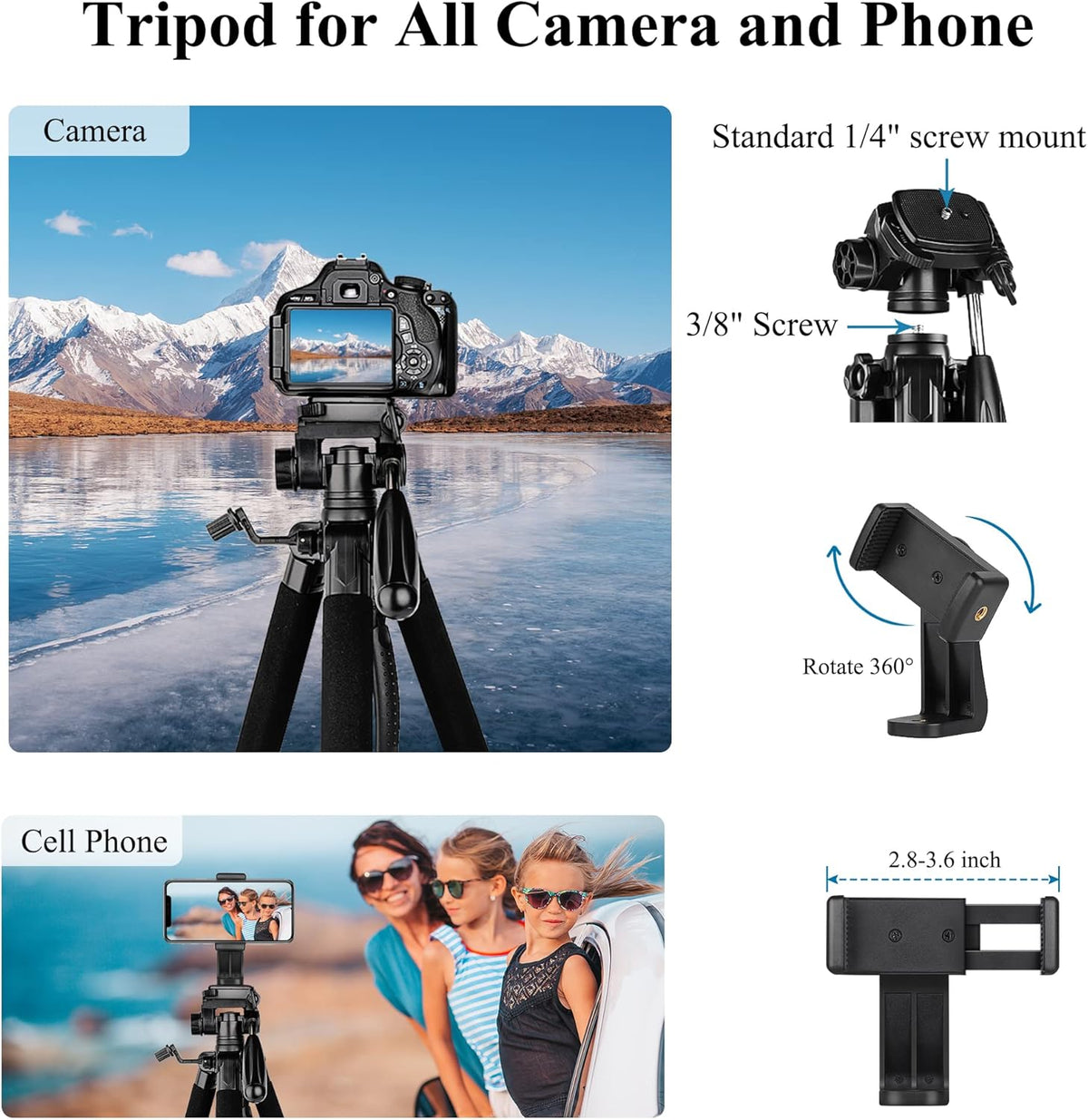 VICTIV 74” Camera Tripod, Tripod for Camera and Phone, Aluminum Professional Tripod Stand for Canon Nikon with Carry Bag and Phone Holder, Compatible with DSLR, iPhone, Spotting Scopes, Max Load 9.5Lb