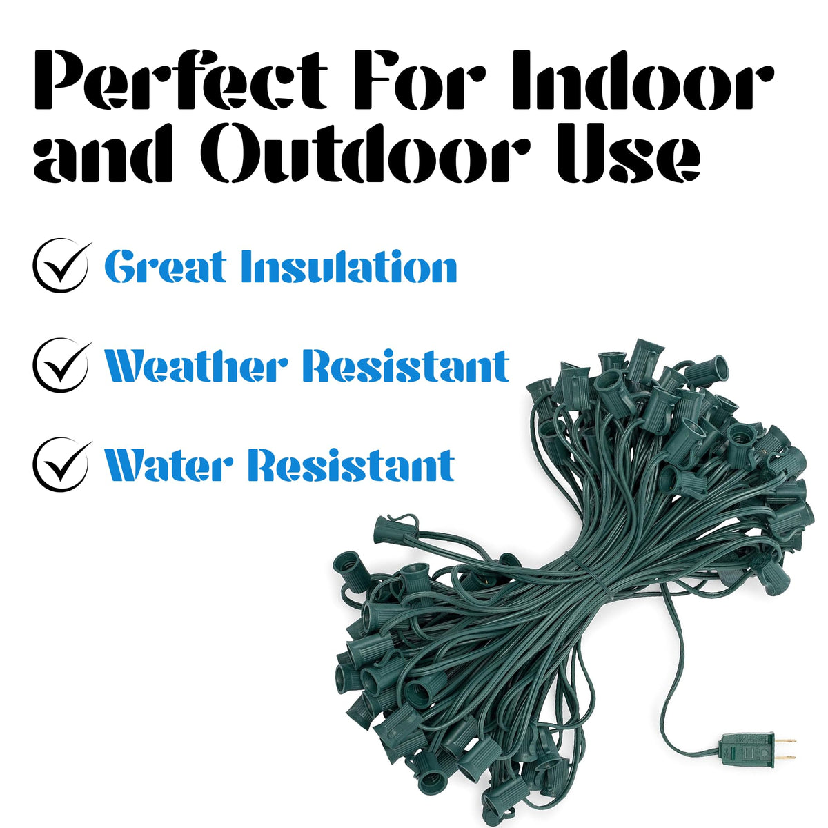 HLO Lighting C7 Light Strings | 50' Green Cord with 12" Socket Spacing, E12 Light Stringer for C7 Christmas Lights
