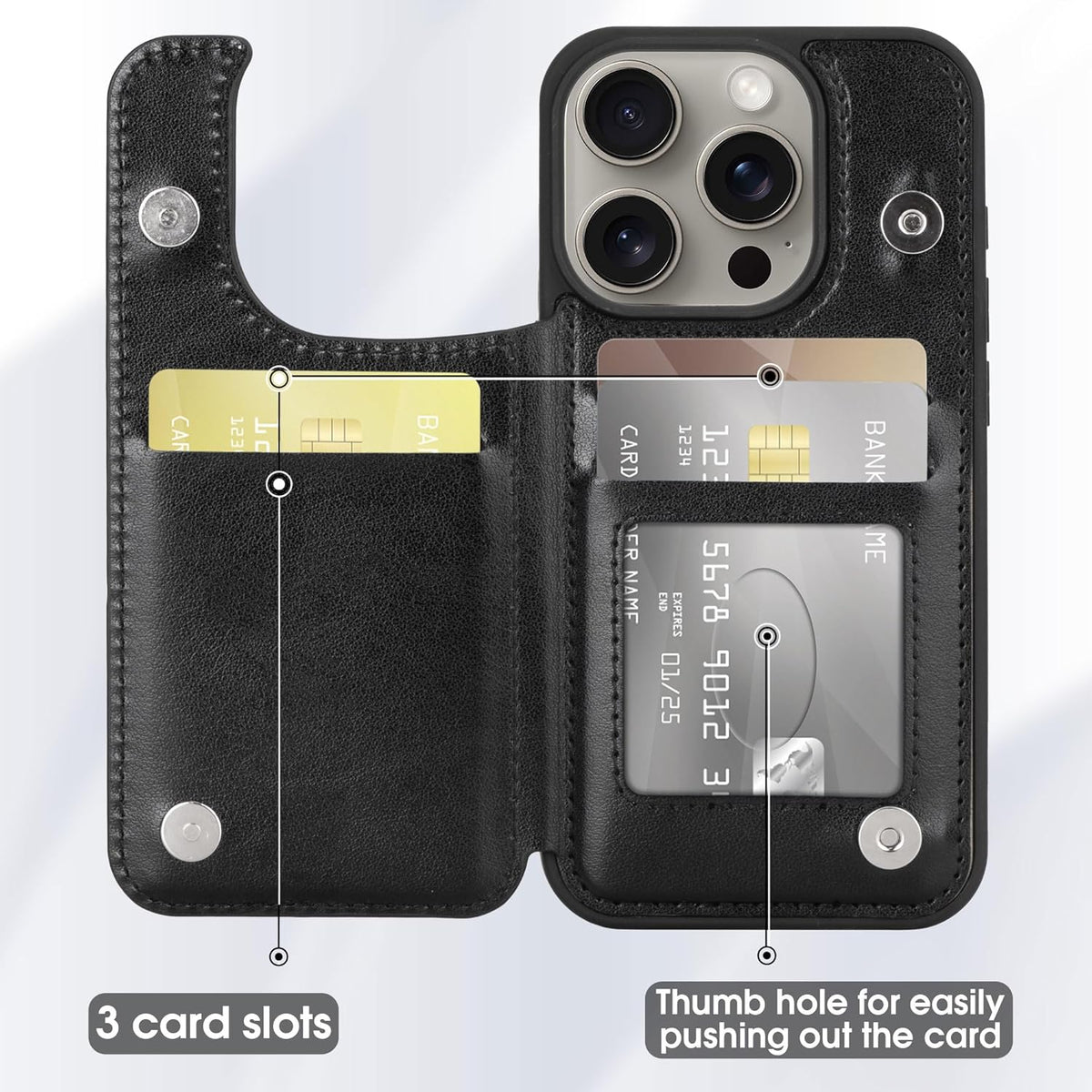 Arae Wallet Case with Card Holder for iPhone 15 Pro - Compatible for iPhone 15 Pro 6.1 inch, Black PU Leather Back Flip