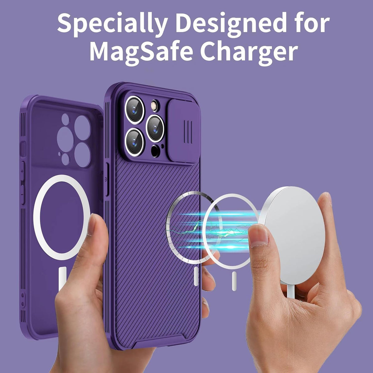 iPhone 13 Pro Max Case - Slim Magnetic Cover with Slide Lens, MagSafe Compatible, 6.7" Purple for iPhone 13 Pro Max.