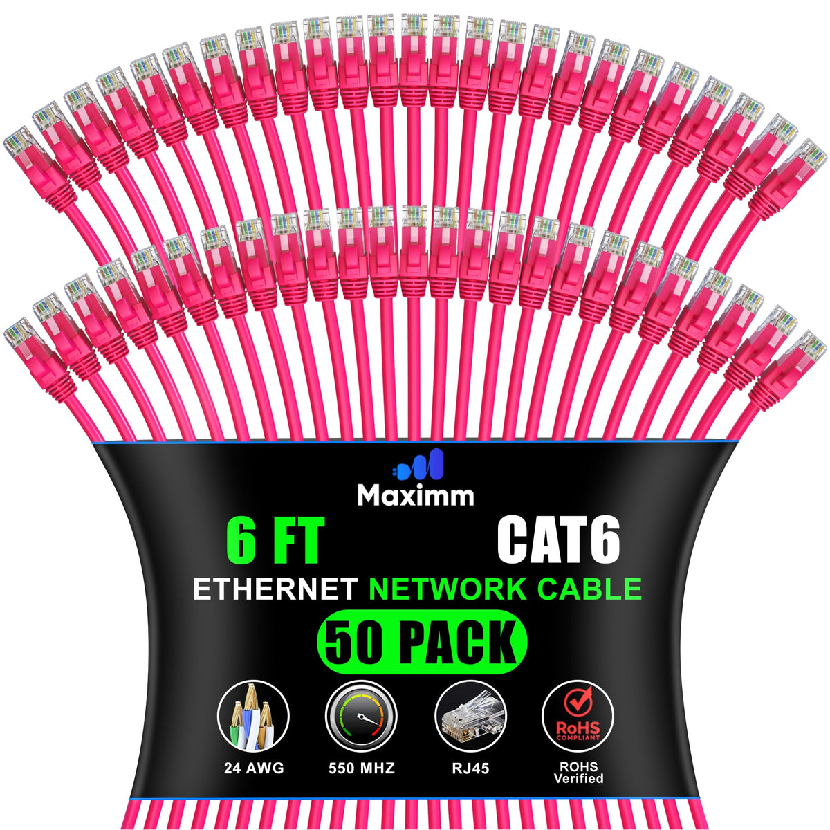 Maximm Cat 6 Ethernet Cable - High-Speed LAN, Internet, Patch & Network Cable - UTP, 10Gbps, 550MHz Ethernet Cord 50-Pack