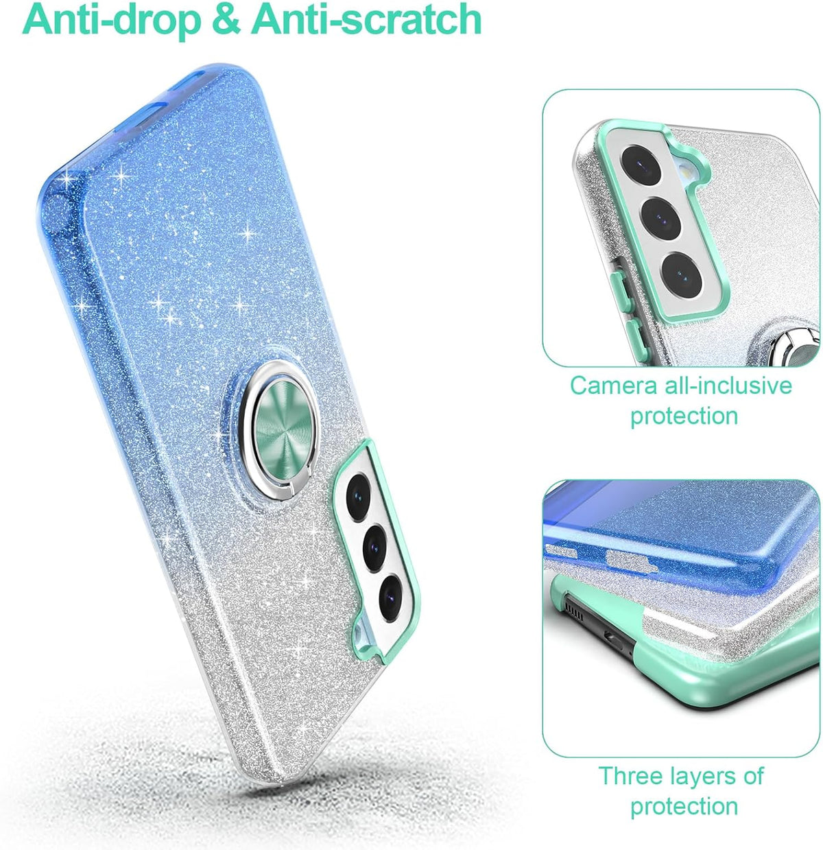 Galaxy S22 Case, Slim Fit Glitter Sparkly Cover with 360° Ring Holder Kickstand for Girls Women (Blue)