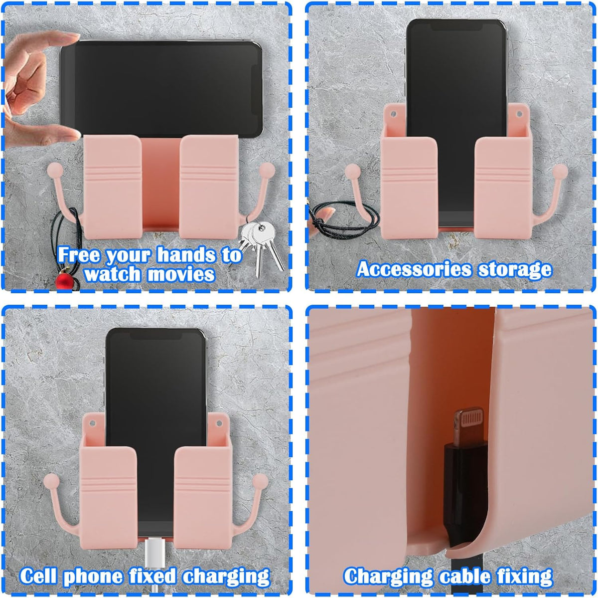5 Pcs Wall Mount Phone Holder, Wall Mounted Shower Phone Stand with Hooks, Self-Adhesive Universal Media Organizer