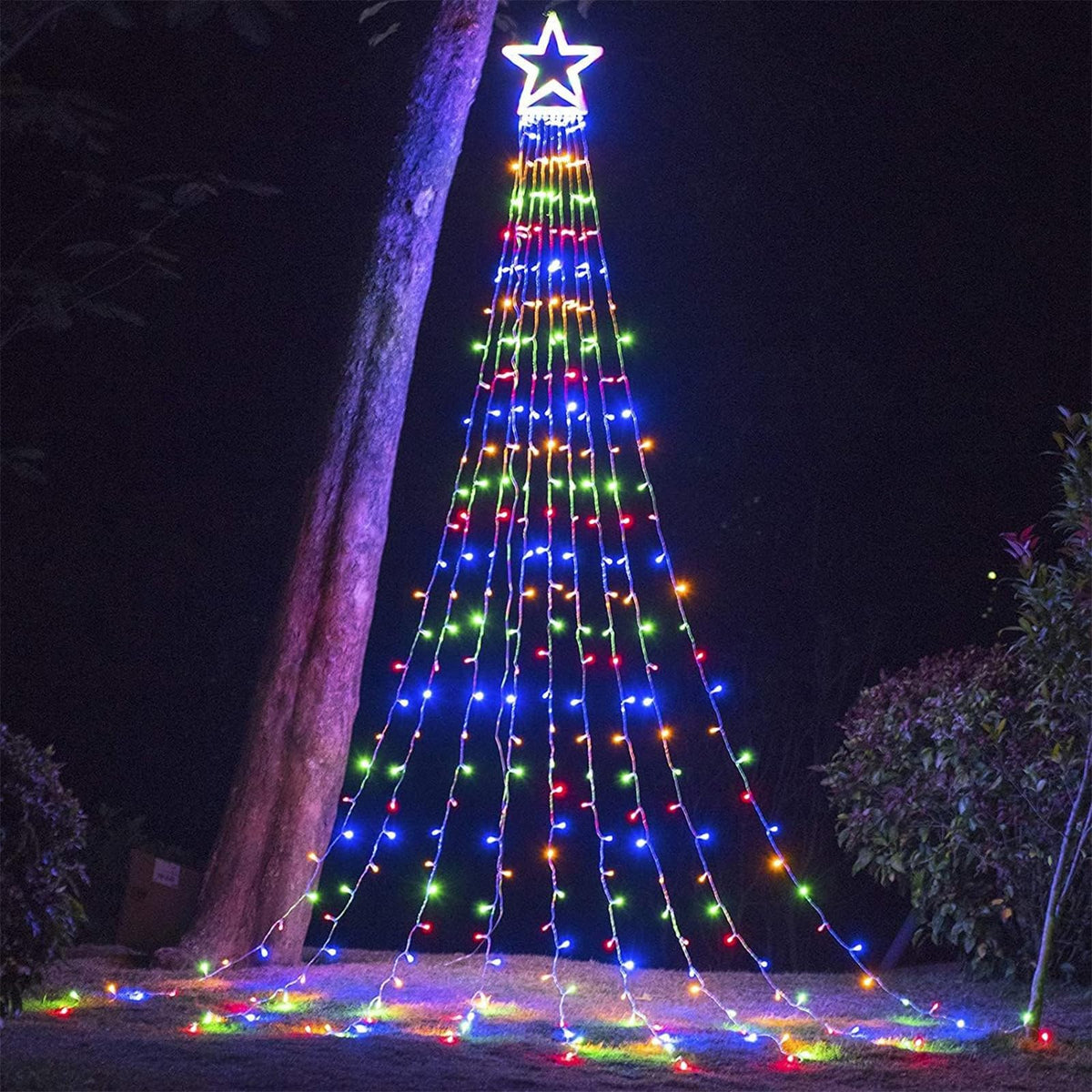 FUNIAO (New) Christmas Lights, Outdoor Christmas Decorations, 320 LED Waterfall String Lights, 8 Light Modes Chrsitmas Lights with 12" Star Tree