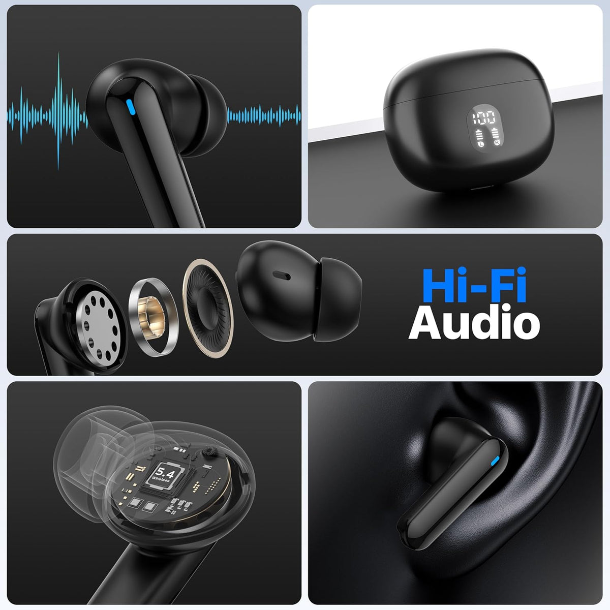 Active Noise Cancelling Wireless Earbuds with Real Time Translation, in Ear Bluetooth 5.4 Headphones Stereo Bass Ear Buds Translator via APP (Black)