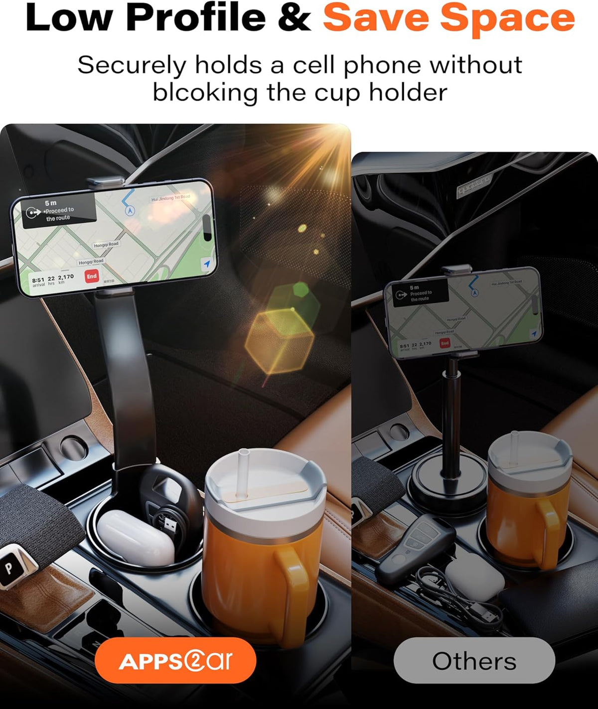 APPS2Car Cup Holder Phone Holder Mount for Car, 2-in-1 Fast-Squeeze Installation, Adjustable Height One-Hand Operation