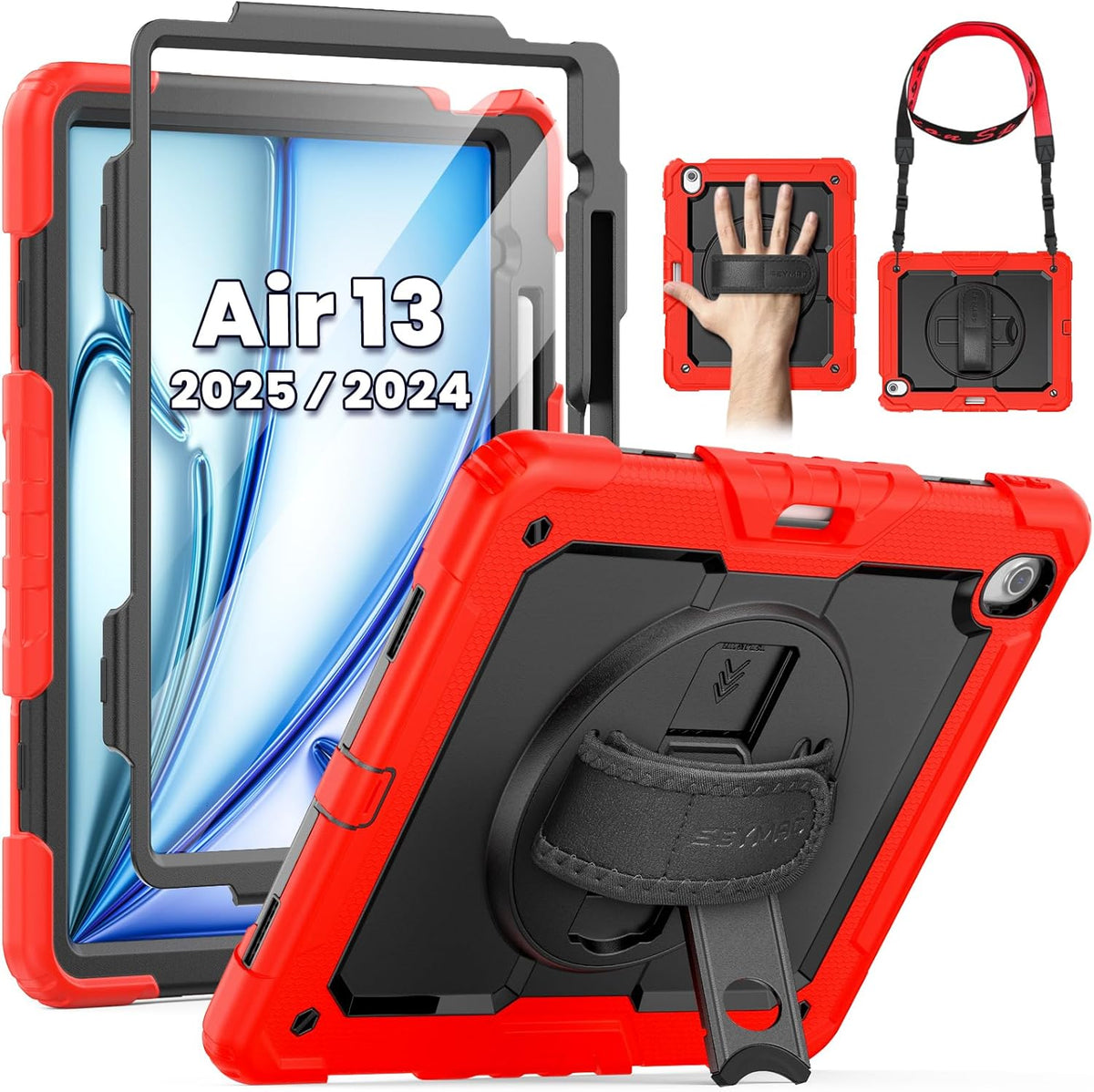 SEYMAC for iPad Air 13 Inch Case M3 2025/ M2 2024, Heavy Duty Shockproof Protective Case with Screen Protector, Rotating Stand, Hand/Shoulder Strap and Pen Holder for iPad Air 13, Red