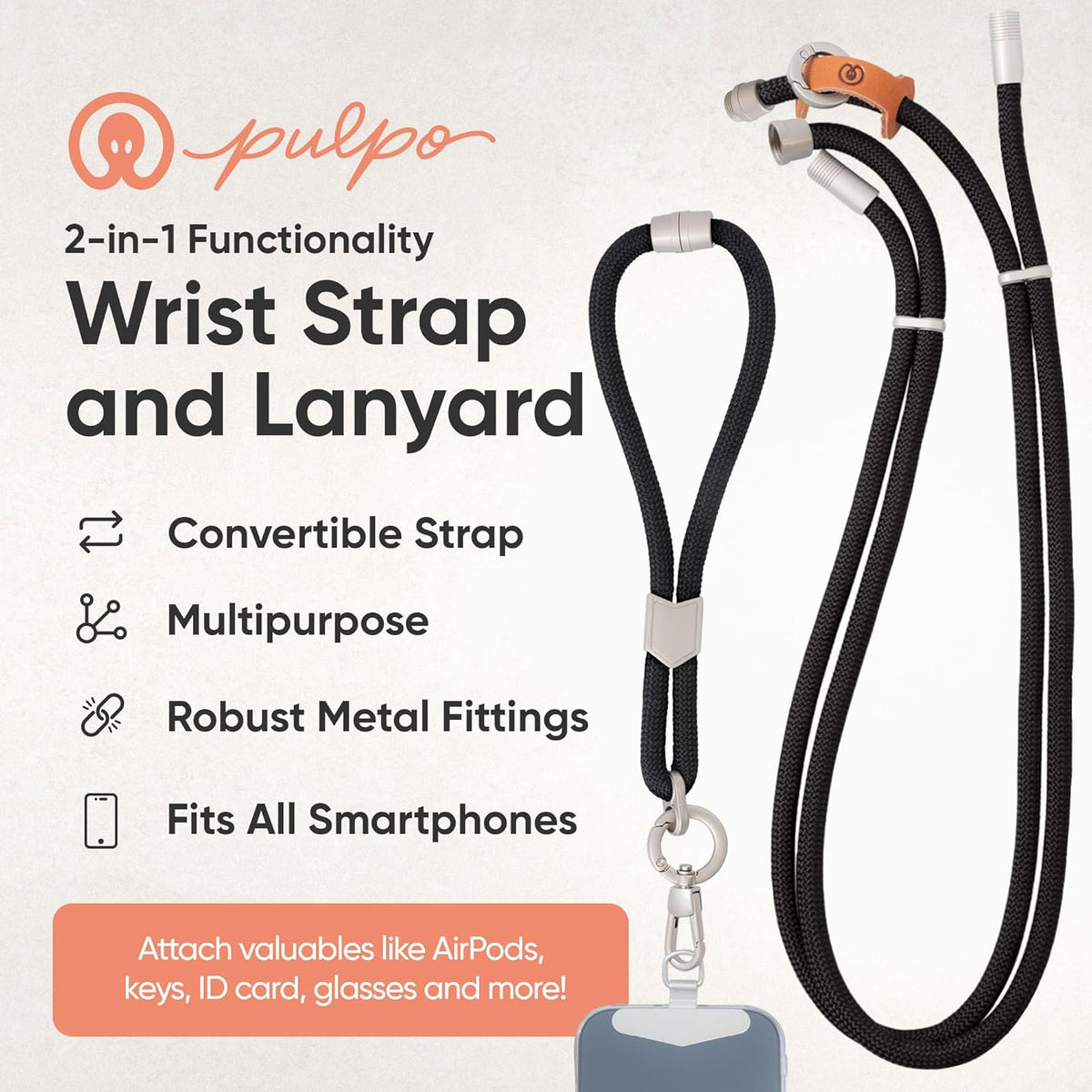Pulpo 2-in-1 Cell Phone Wrist Strap and Lanyard Black - Anti Theft Phone Lanyard for Men & Women, Wrist Straps for Phones, Lanyards for Smartphones, Adjustable Cellphone Leash & Safety Strap Tether