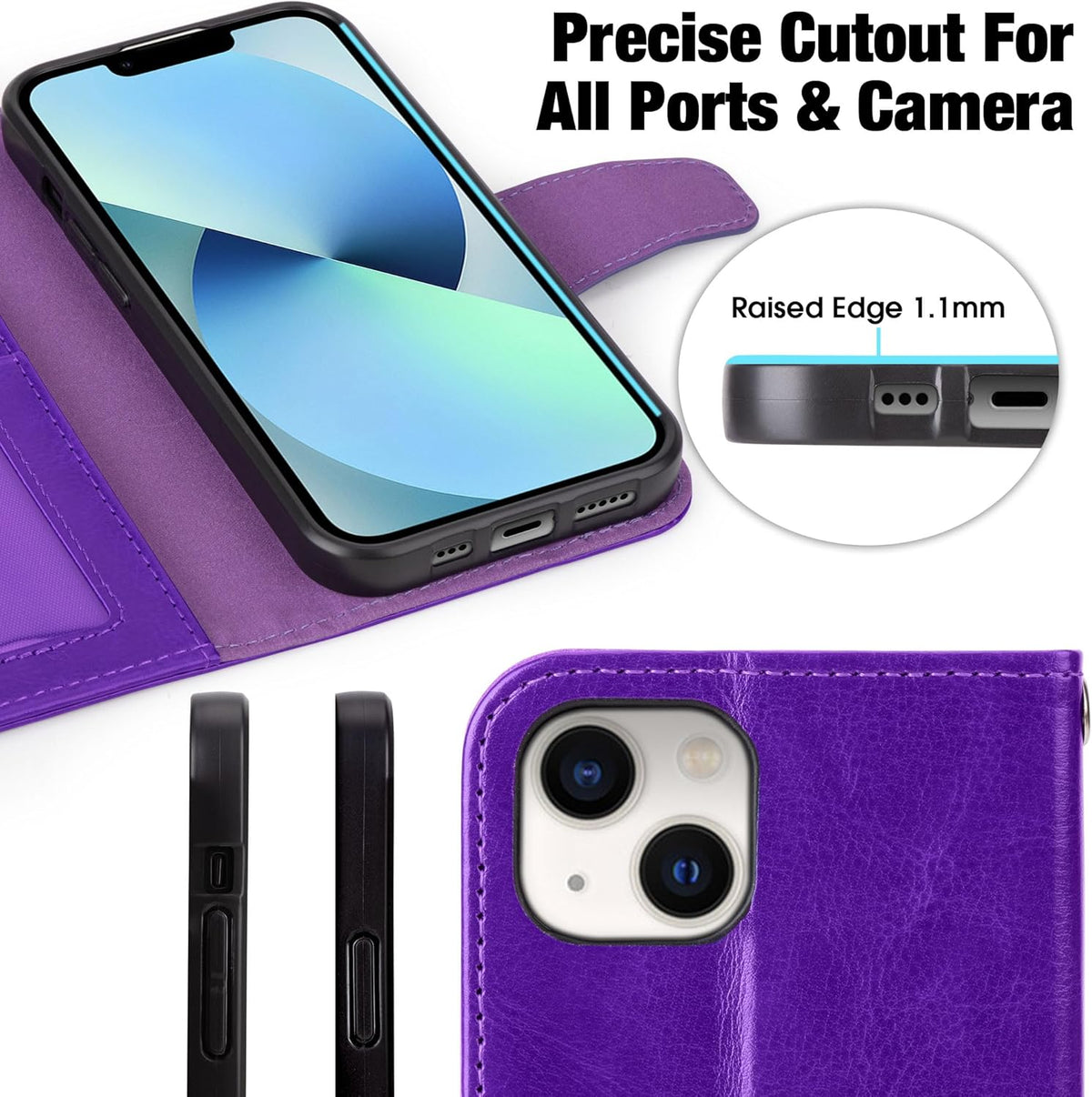 Arae Compatible with iPhone 13 Case with Card Holder and Wrist Strap Wallet Flip Cover for iPhone 13 6.1 inch, Purple