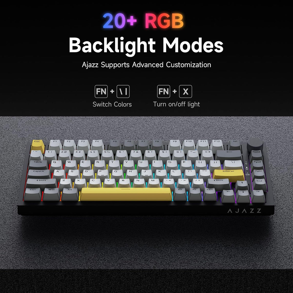 Ajazz AK820 75% Wired Gasket Mechanical Gaming Keyboard with Volume Knob - South Facing LED - PBT Keycaps - Programmable RGB Hot Swap Keyboard