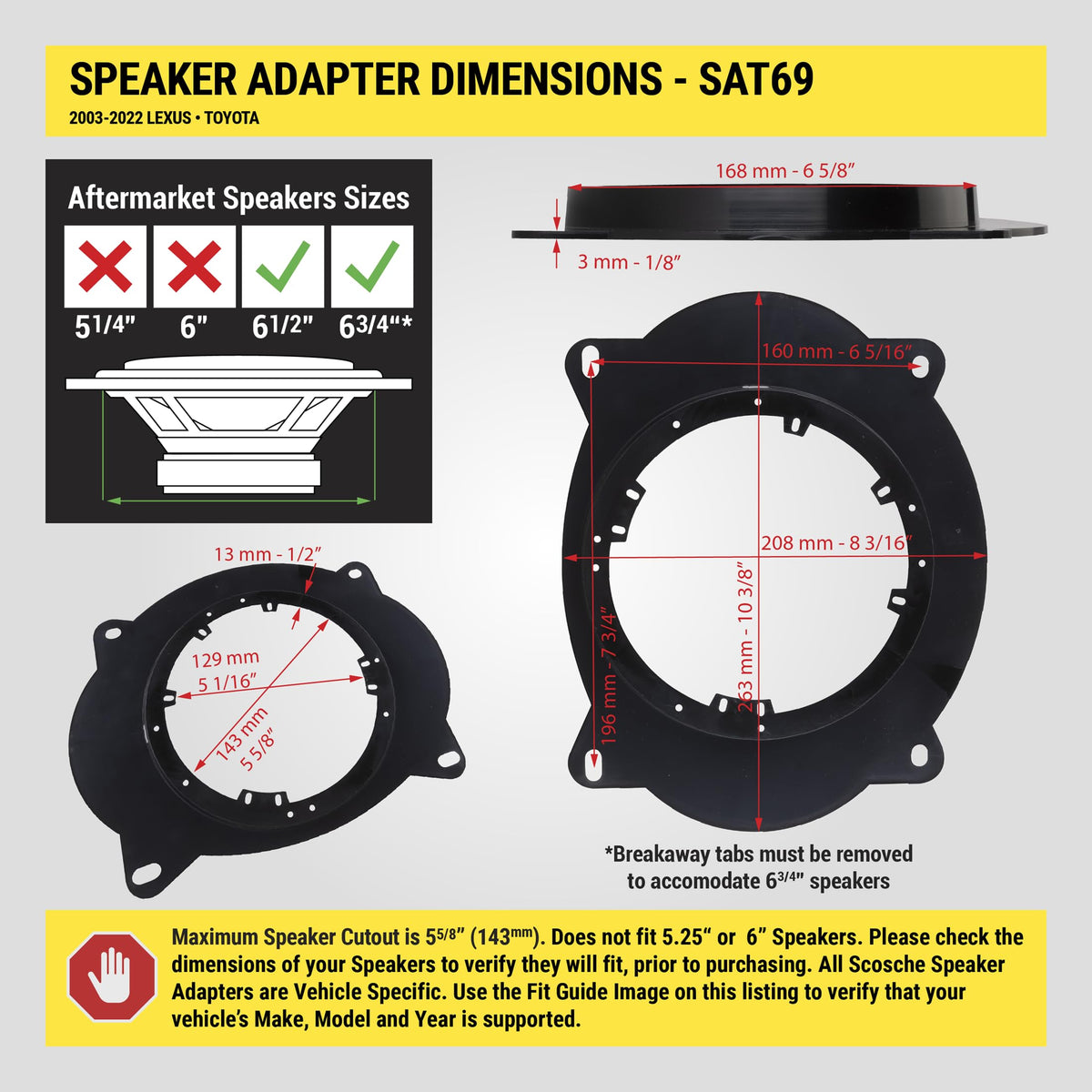 Scosche SAT69 6X9" to 6.5-6.75” Speaker Adapters Compatible with Select 2003-22 Lexus and Toyota Vehicles - 6 1/2" to 6 3/4" Adapter for Car Door