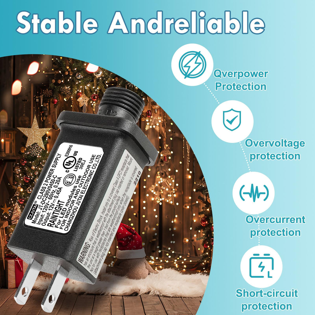 29V 0.45A 13W CZJUTAI JT-DC290V0450 Premium LED Power Supply - Class 2 Transformer, IP44 Waterproof, US Plug for Christmas and String Lights, Indoor