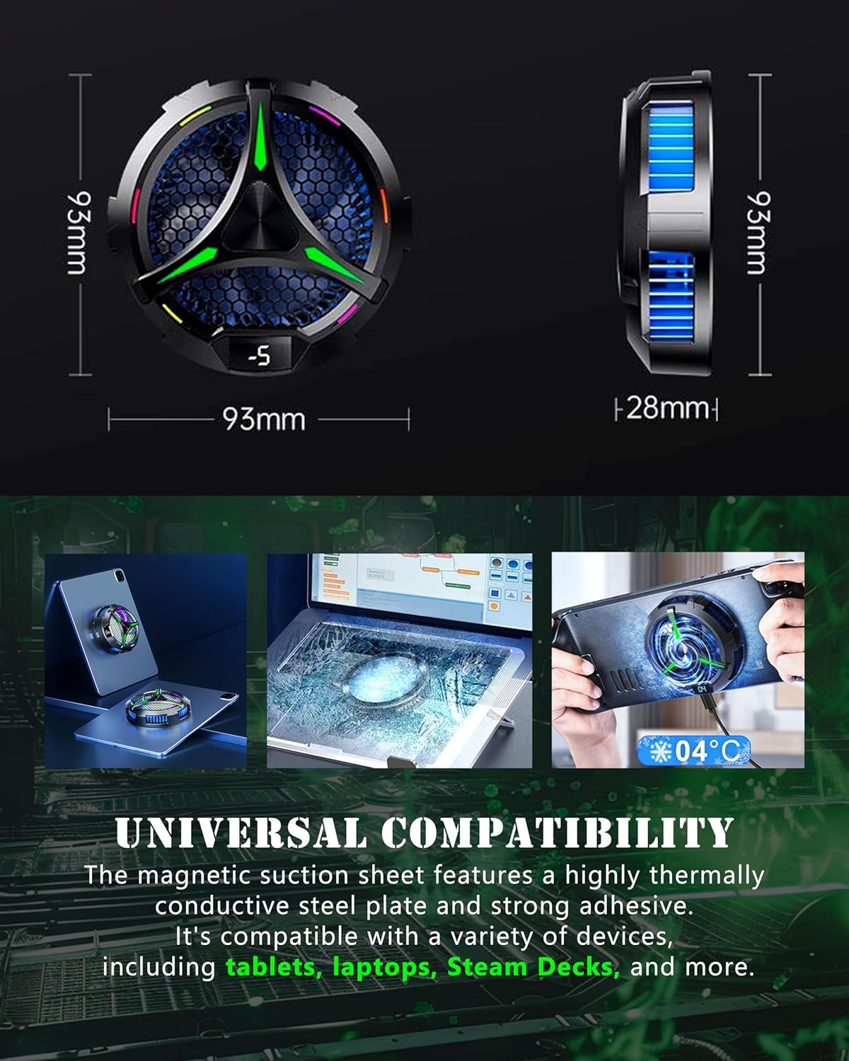 Magnetic Cooler for iPad,Tablet Cooler for ipad/Surface pro/Samsung Tab,Universal Radiator with Temperature Display for Mobile Gaming,Tiktok Live Streaming (Green Mech)