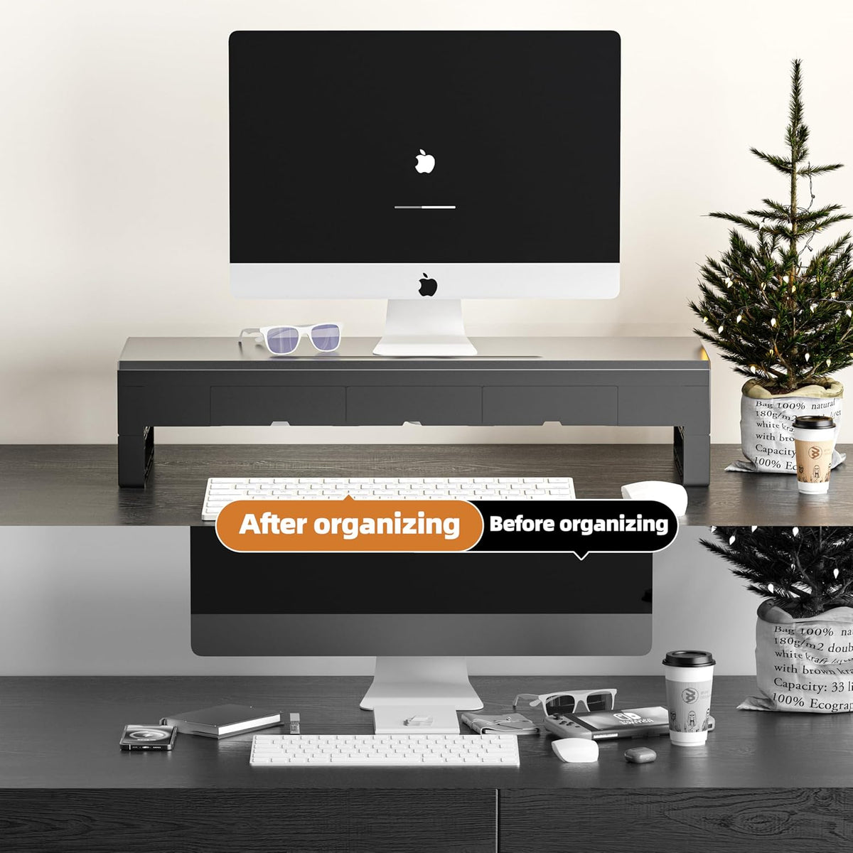 Computer monitor stand with 3 drawer ，Laptop Desk Shelf & Monitor Riser， 27.55 inches long desk riser ，Heavy Duty Gift Gaming Studio Offic (Basic Version, 700mm Drawer)