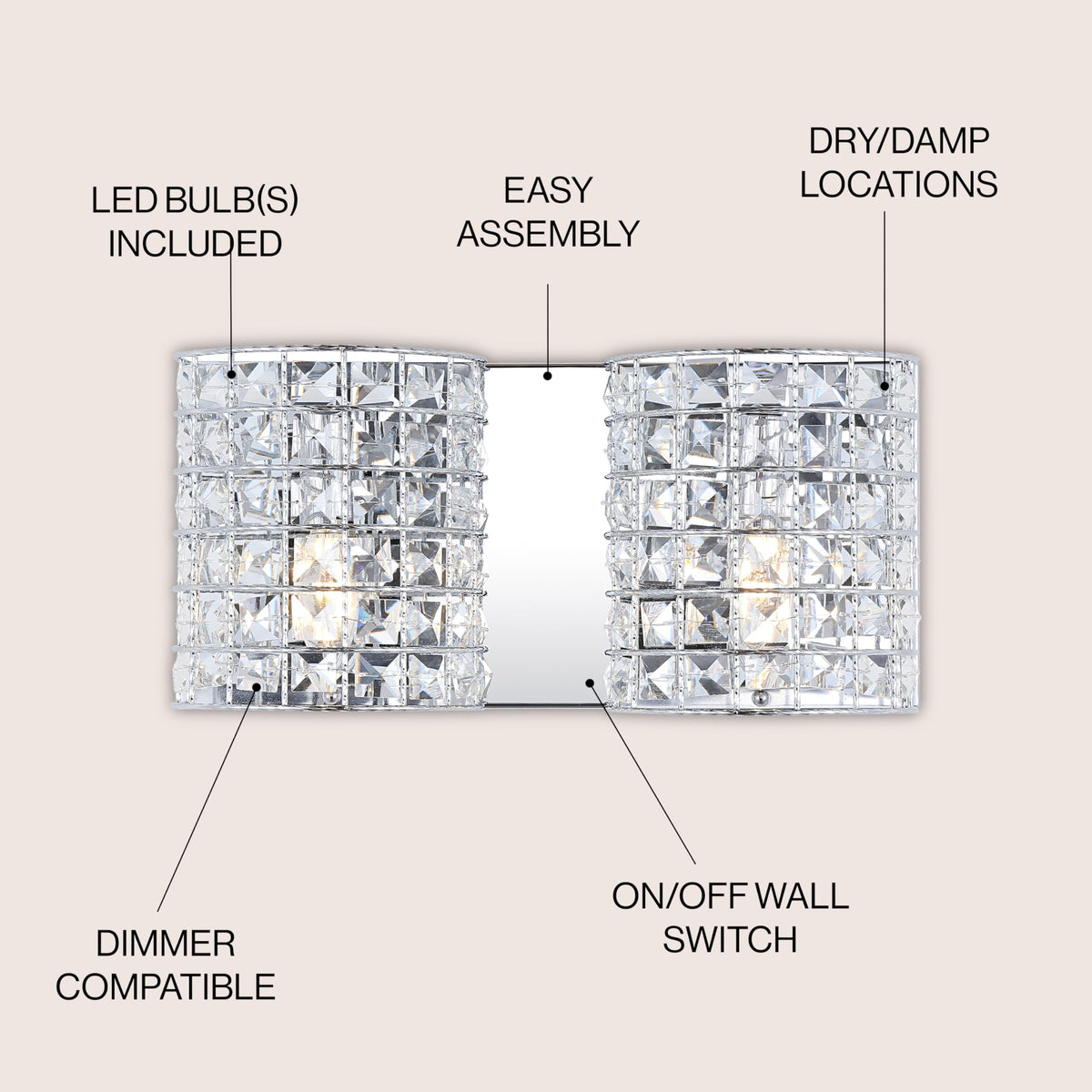 JONATHAN Y 15" Chrome Modern LED Vanity Light Sconce for Bathroom Decor, 2-Light, Clear Crystal Shade, Glam Wall Lighting for Hallway Entryway, LED