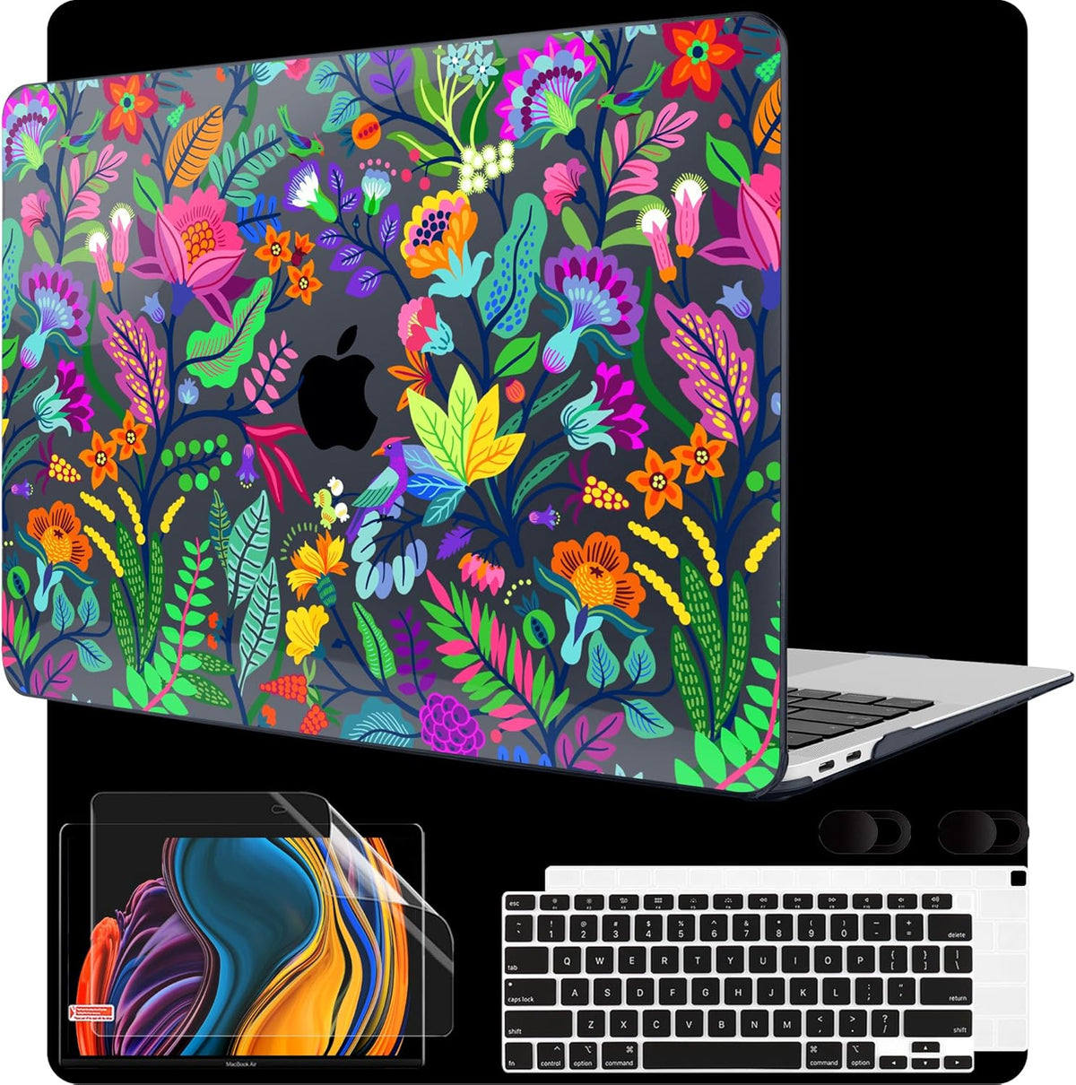 MEEgoodo for MacBook Air 13 inch Case 2021 2020 2019 2018 Released A2337 M1 A2179 A1932 with Touch ID, Plastic Shell & Keyboard Cover Compatible with MacBook Air 13.3, Bright Flowers & Tropic Leaves