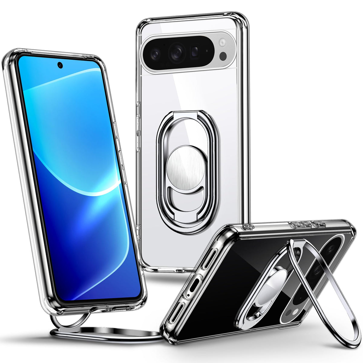 Shields Up For Google Pixel 10 Case With Stand, Pixel 10 Pro Case Clear With Double Ring Holder [Adjustable & Foldable] Shockpro