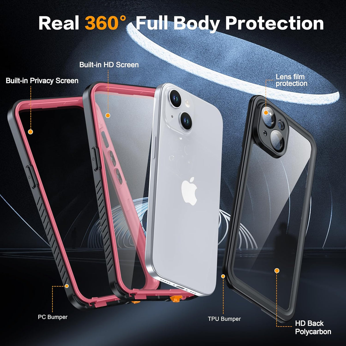 for iPhone 15 Case Waterproof - Built-in Privacy Screen Protector & HD Screen Protector [IP68 Underwater] Shockproof Dustproof Full Body Protection iPhone 15 Phone Case Pink