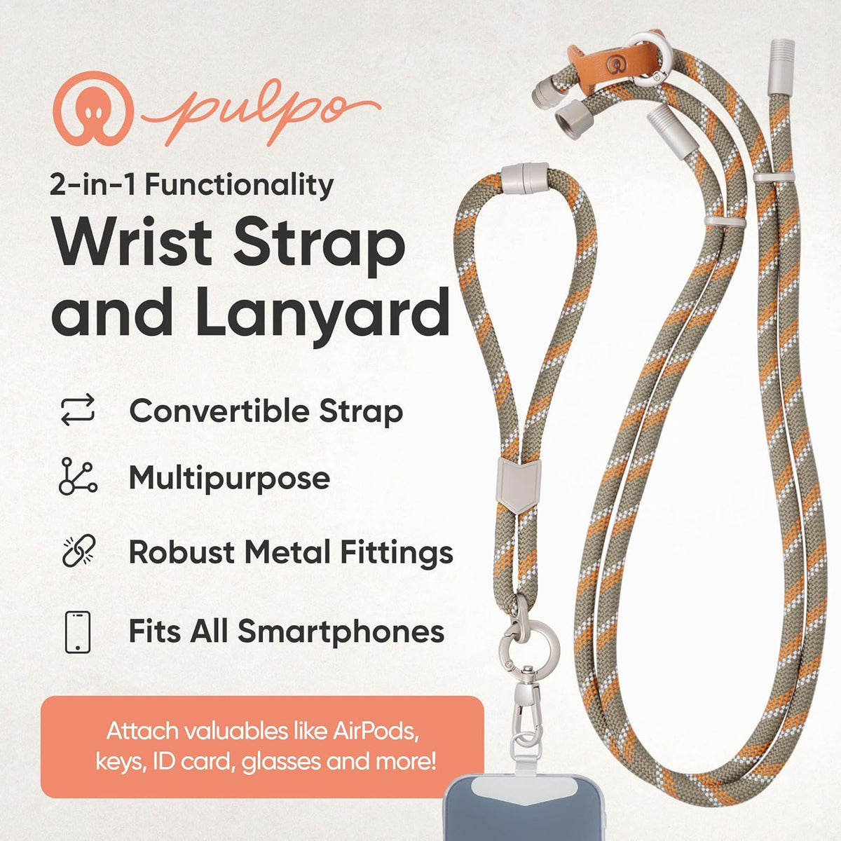 Pulpo 2-in-1 Cell Phone Wrist Strap and Lanyard Green & Orange - Anti Theft Phone Lanyard for Men & Women, Wrist Straps for Phones, Lanyards for Smartphones, Adjustable Cellphone Leash & Strap Tether