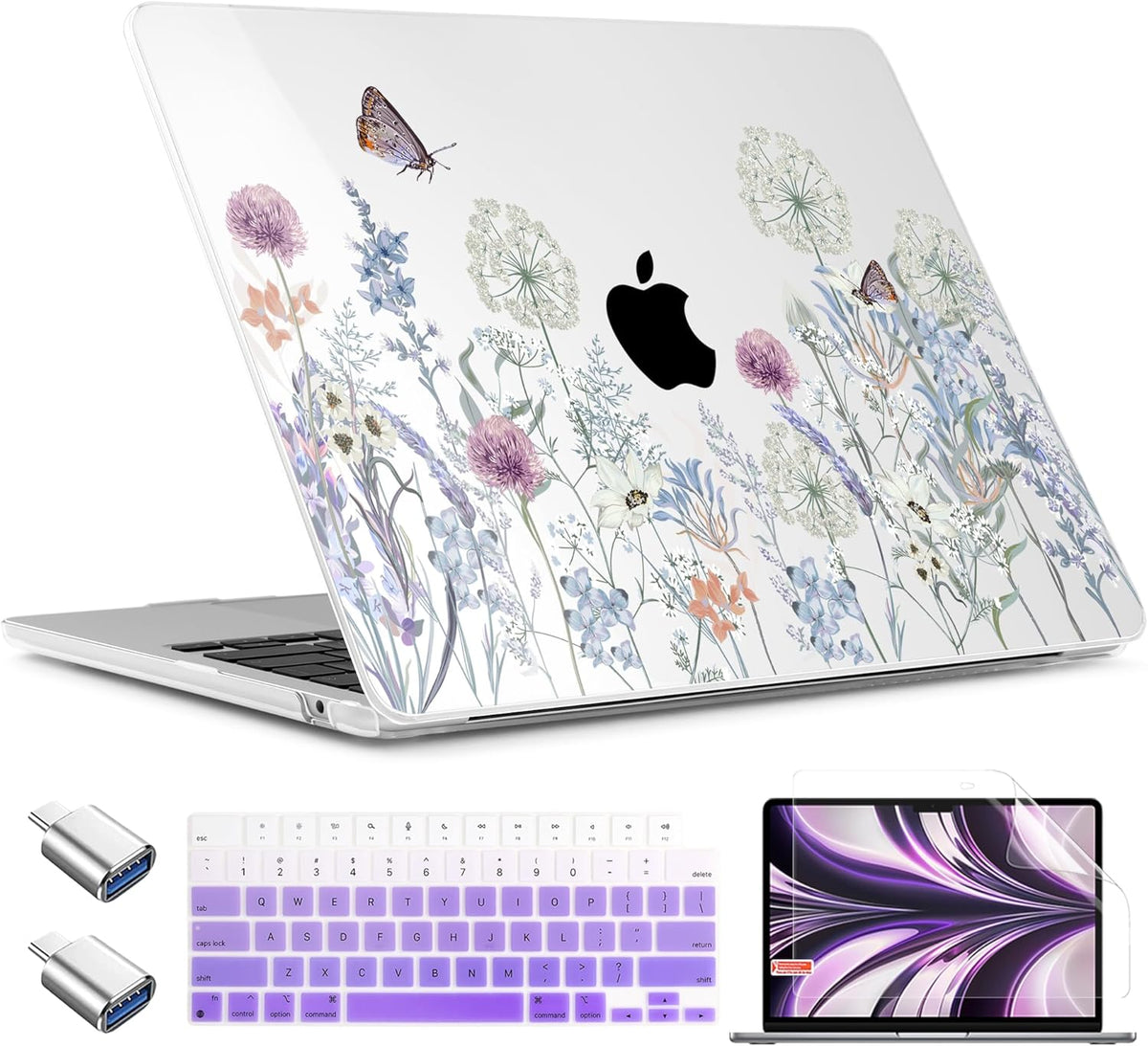 TWOLSKOO Compatible with M4 MacBook Air 15 inch Case 2025-2023 Released Model M4 A3241 M3 A3114 M2 A2941, Plastic Hard Shell & Screen Protector & Keyboard Cover & Type C Adapter, Dandelions