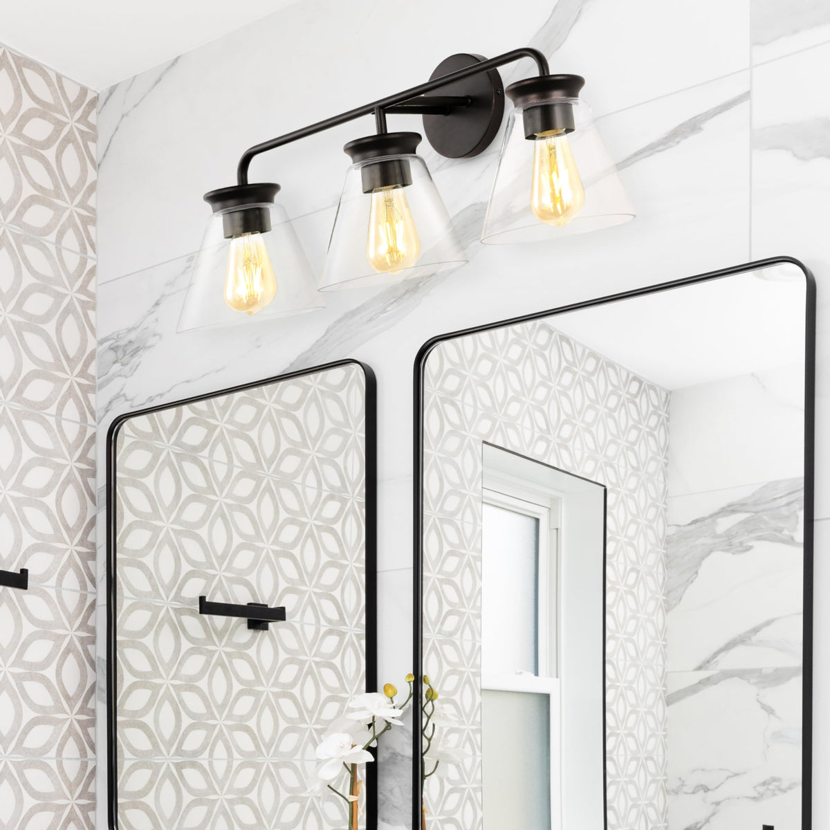 JONATHAN Y 27" Oil Rubbed Bronze/Clear Modern Farmhouse 3-Light LED Vanity Light for Bathroom, Kitchen, Hallway, Clear Glass Shade, Dimmable Edison