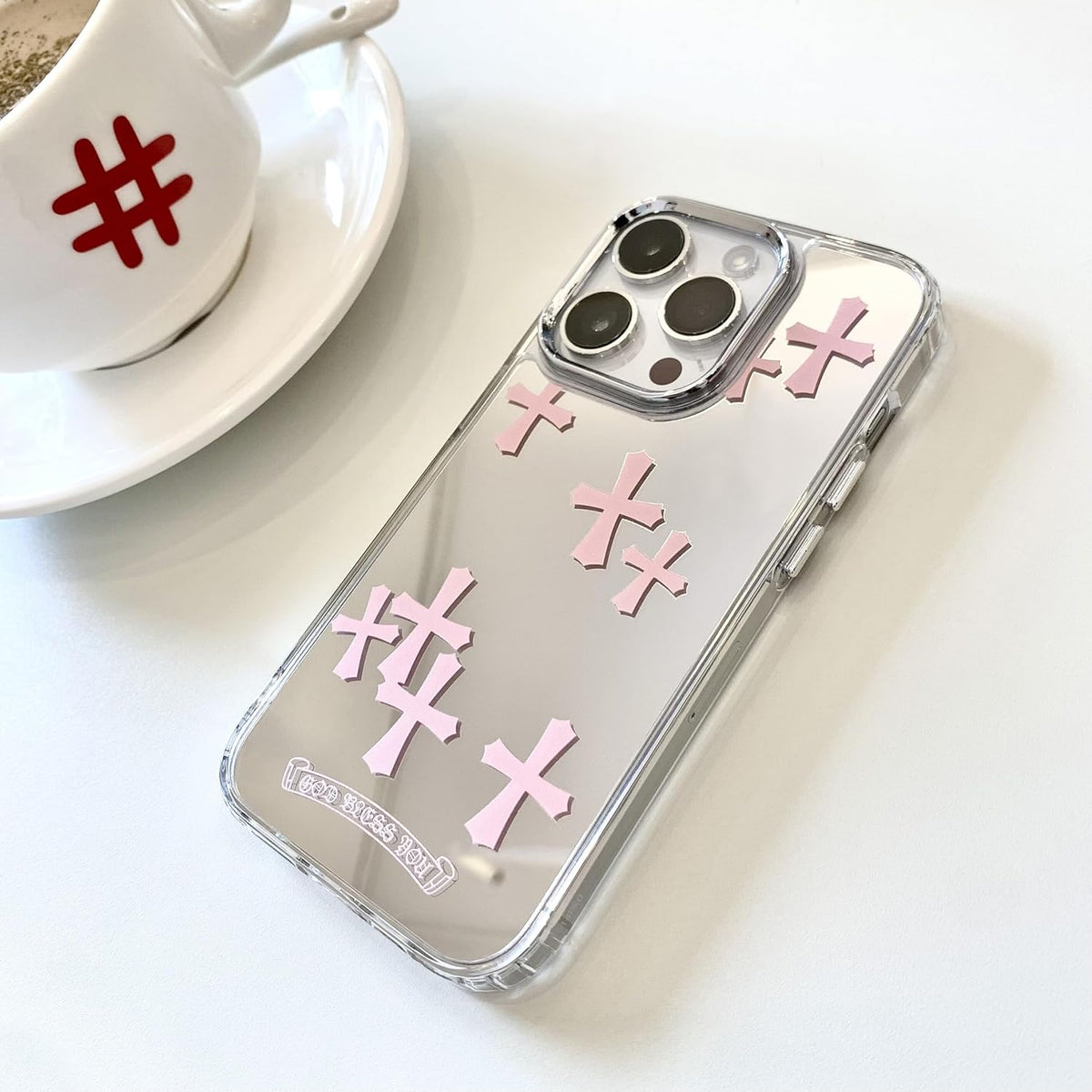 Fits iPhone 15 Pro Max Bless Cross Phone Case, Shockproof Protective Mirror Case for iPhone 14 (Pink, 13/14)