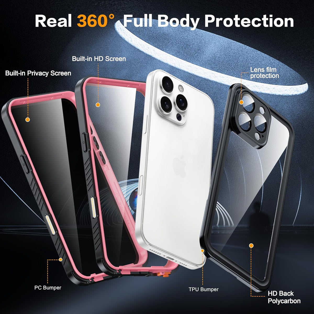 for iPhone 16 Pro Max Case Waterproof, Built-in Privacy Screen & HD Screen Double Front Frame [IP68 Underwater] Shockproof Dustproof Full Body Protection iPhone 16 Pro Max Phone Case Pink