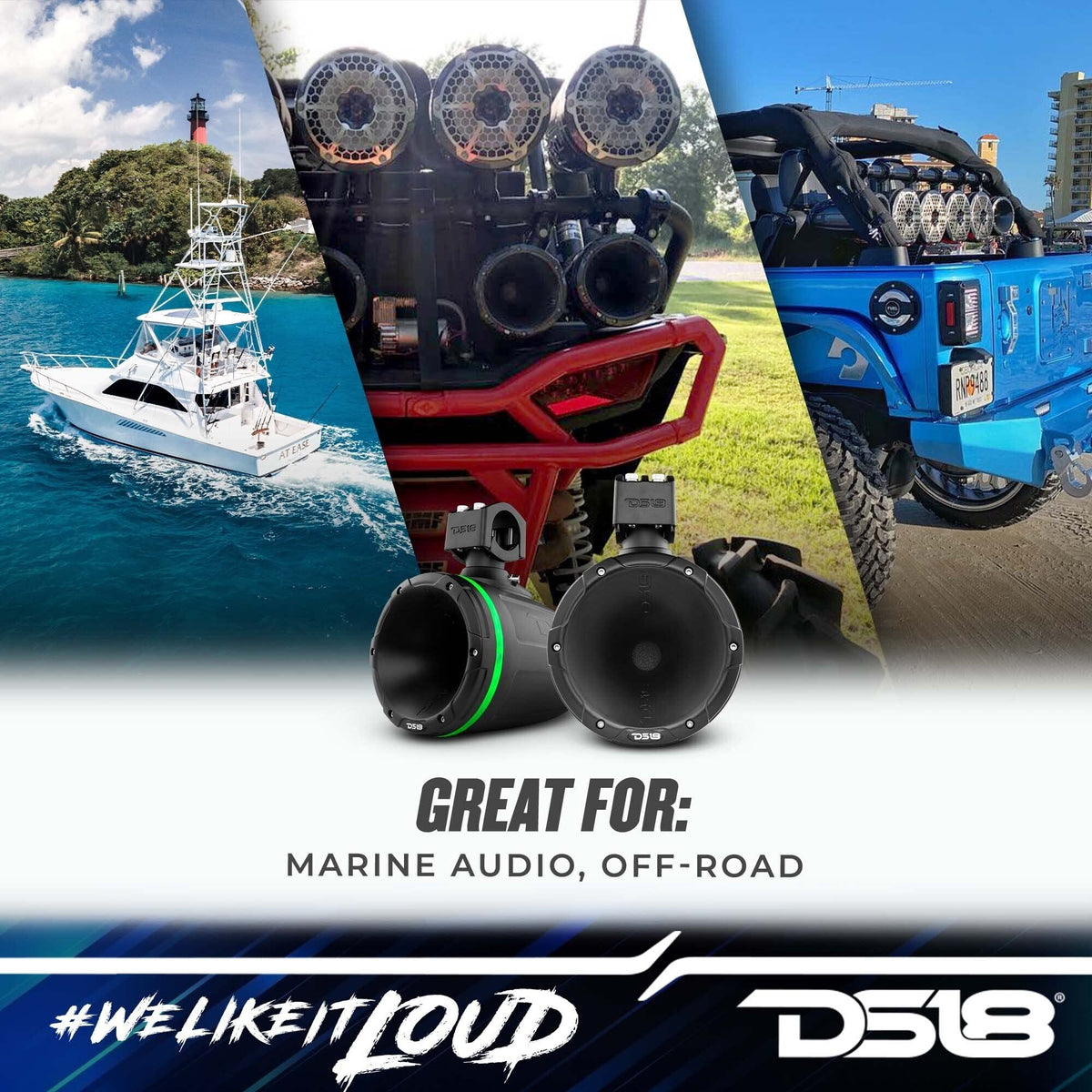 DS18 Hydro NXL-XDT/BK 1.75" Driver Wakeboard Pod Tower Speaker with Integrated RGB LED Lights, Waterproof, UV Stable, 900 Watts, 4 ohm - for All
