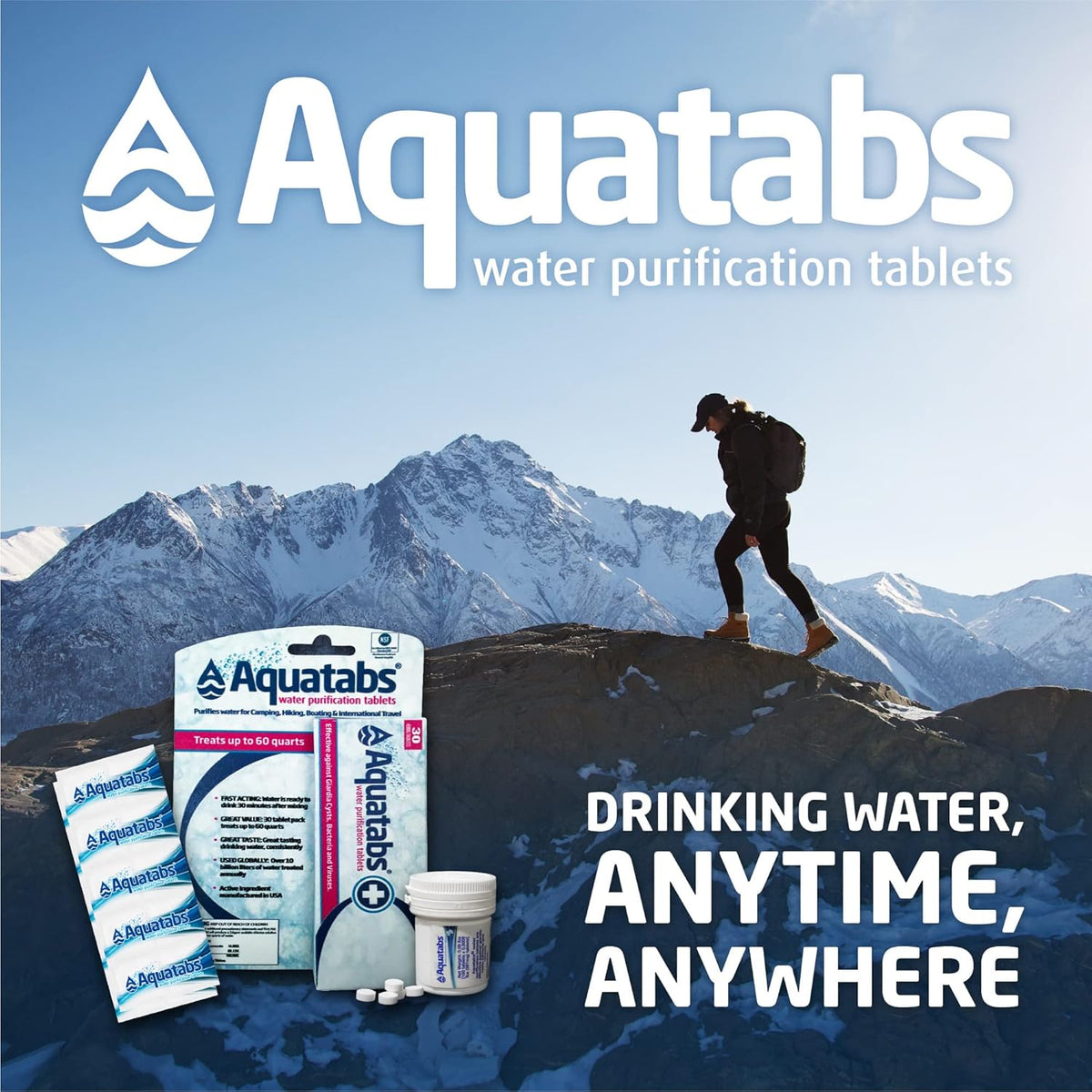 Aquatabs 49mg Water Purification Tablets (30 Pack). Water Filtration System for Hiking, Backpacking, Camping, Emergencies, Survival, and Home-Use. Easy to Use Treatment and Disinfection.