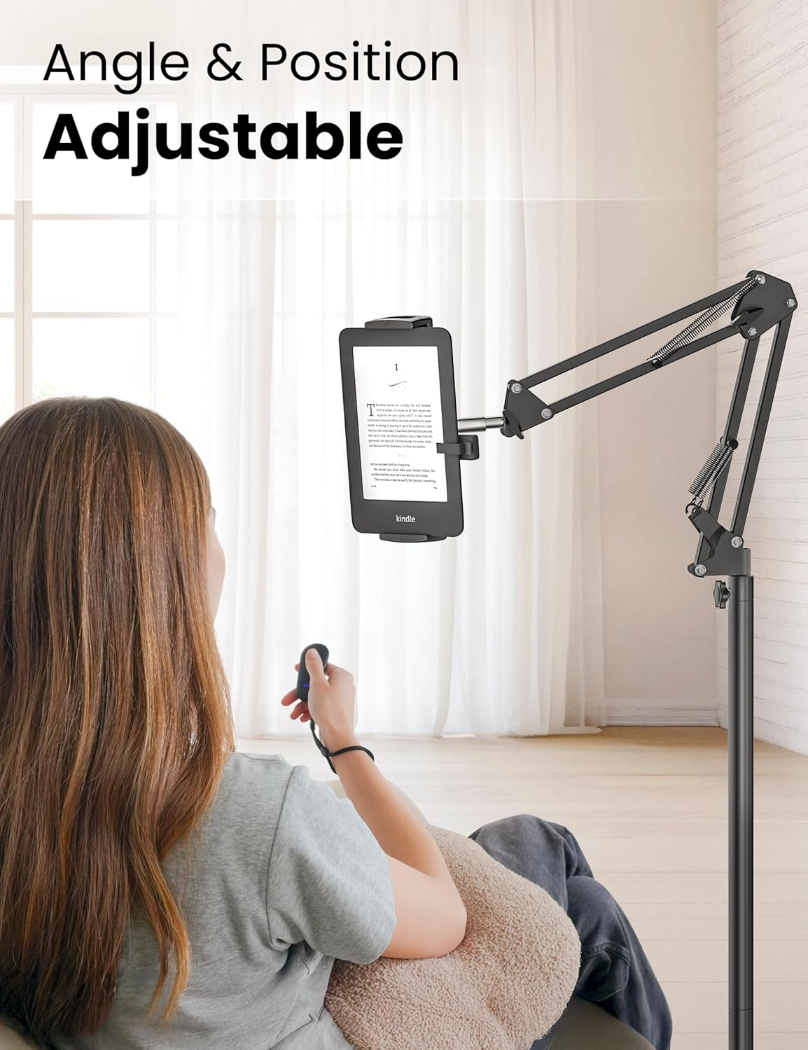 Kindle Floor Stand Holder with Remote Page Turner for Reading in Bed, Adjustable Tablet Mount with Clicker, Kindle Accessories Tablet Stand Holder for Kindles Tablets iPhones 4.7-12.9 inch(Black)