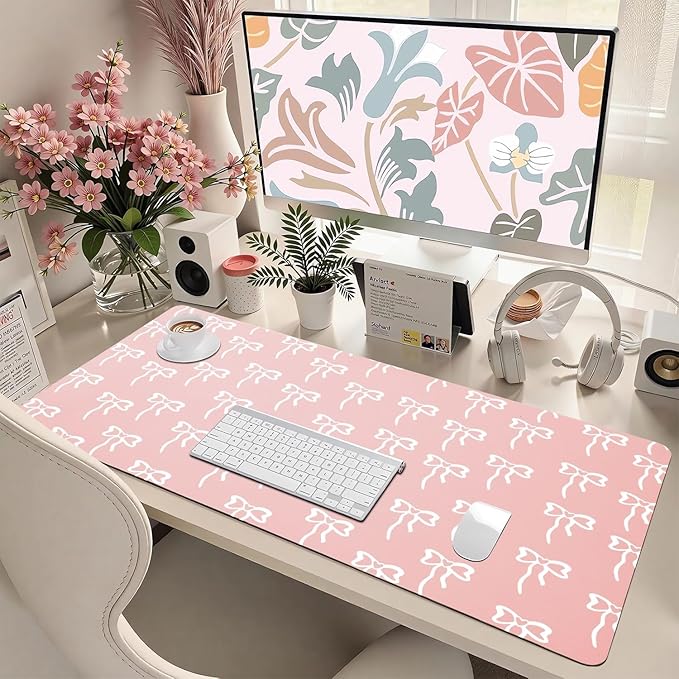 Trendy Girl Bow Desk Mat 27.6''X13.8''Cute Kawaii Design Desktop Mat Pu Leather Large Mouse Pad Aesthetic Mousepad Non-Slip Table Mat for Girls Women Office Home Work Computer Game