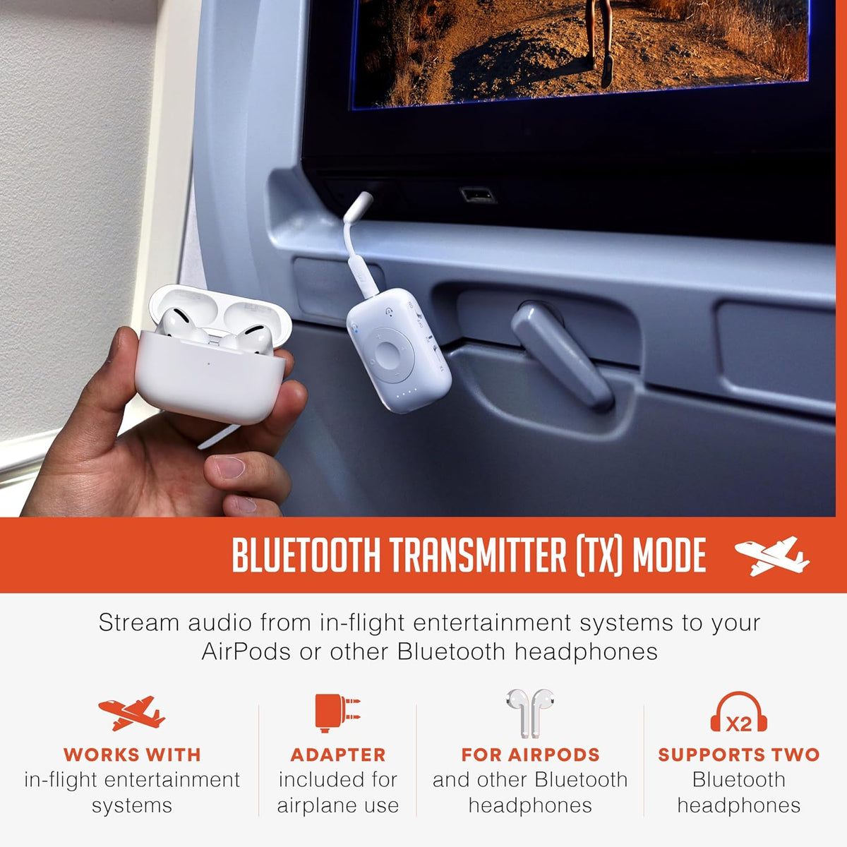MEE audio Connect Air Pro Bluetooth Wireless Audio Transmitter & Receiver for AirPods or Bluetooth Headphones, 2-in-1 Adapter with Detachable Cable 3.5mm Aux Audio Jack for Airplanes, Auto, Gym, White