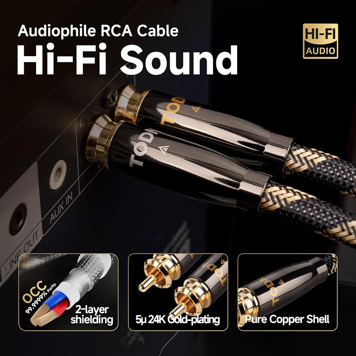 TODN RCA Cables Audiophile 3ft HiFi Stereo RCA Audio Cable for Car, Speaker | O-C-C Core, Dual Shielded, 5μ Gold Plated Plug (3 ft/1m, 1 Pair)